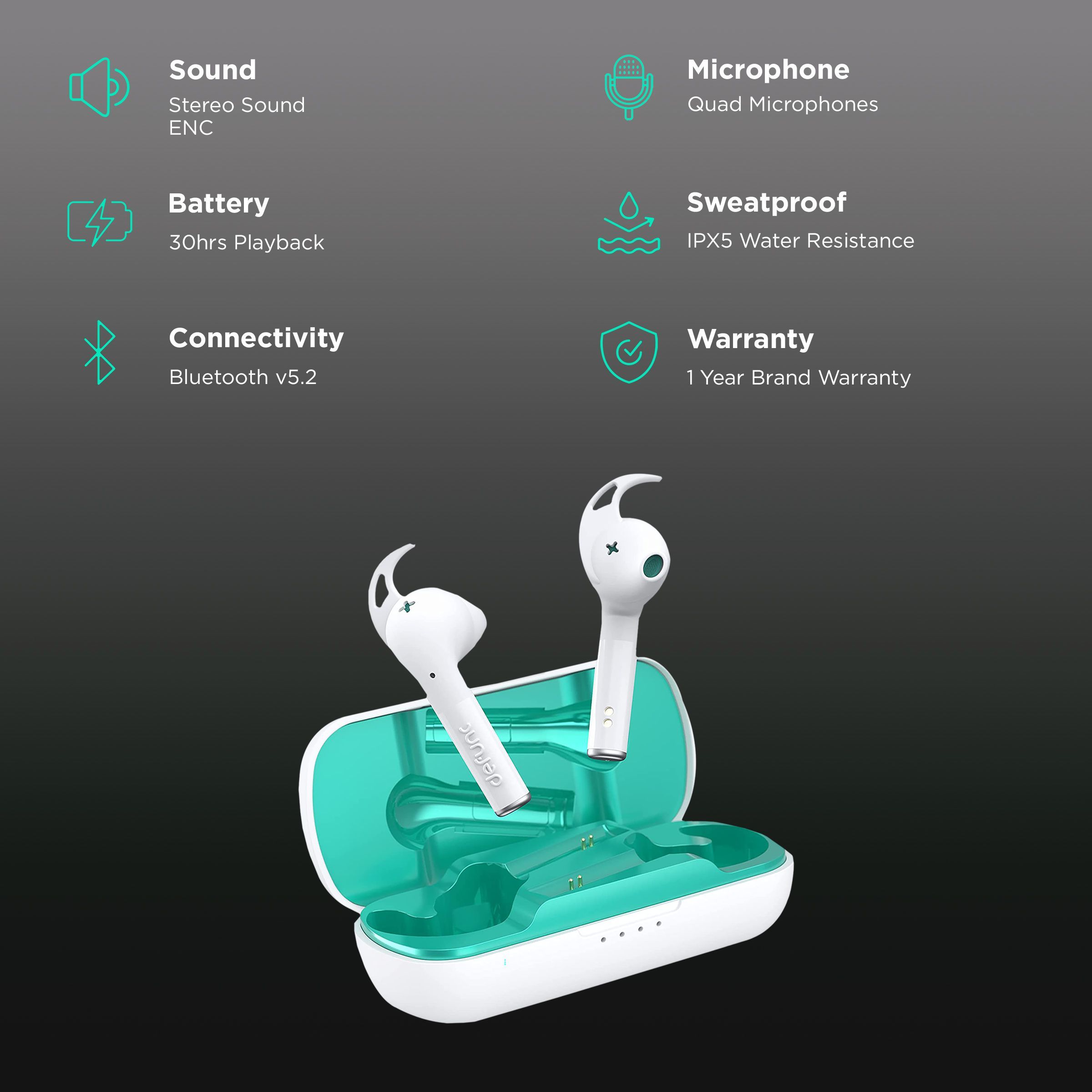 defunc True Sport IT009760892 TWS Earbuds with Environmental Noise Cancellation (IPX5 Water Resistant, Deep Bass, White)_2