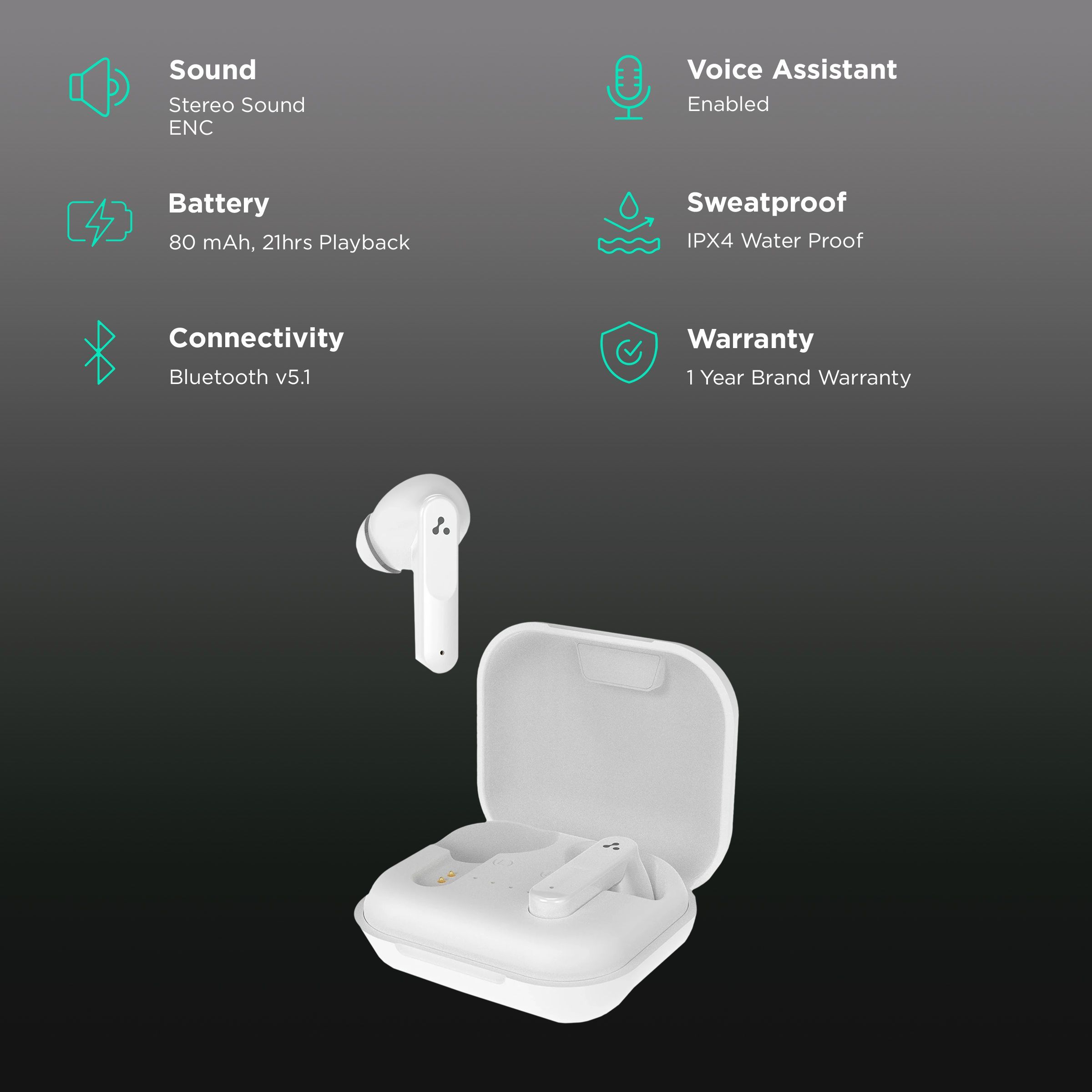 ambrane Dots Sense FGHS000078 TWS Earbuds with Environmental Noise Cancellation (IPX4 Water Proof, High Bass, White)_2