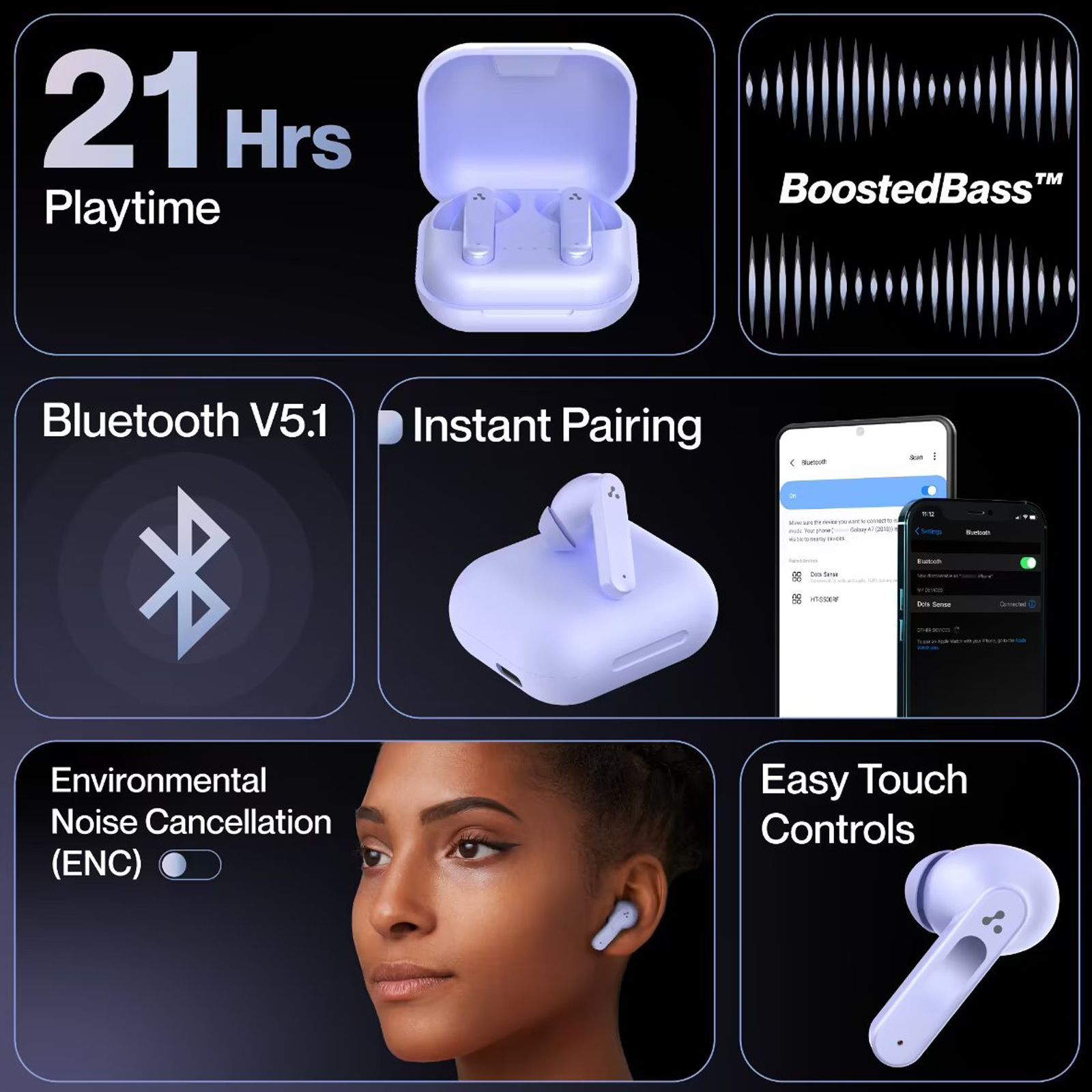 ambrane Dots Sense TWS Earbuds with Environmental Noise Cancellation (IPX4 Water Resistant, Upto 21 Hours Playback, Purple)_8