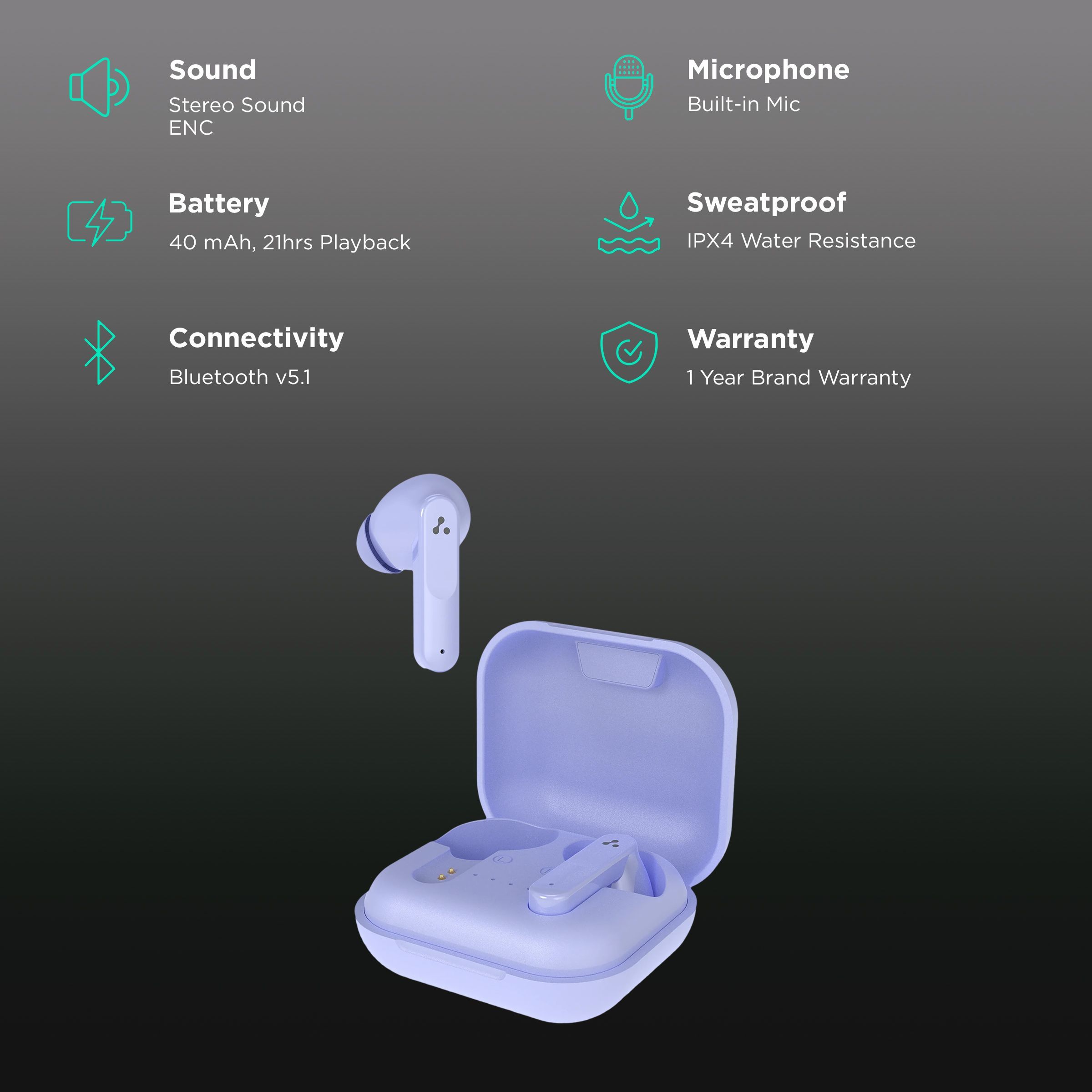 ambrane Dots Sense TWS Earbuds with Environmental Noise Cancellation (IPX4 Water Resistant, Upto 21 Hours Playback, Purple)_2