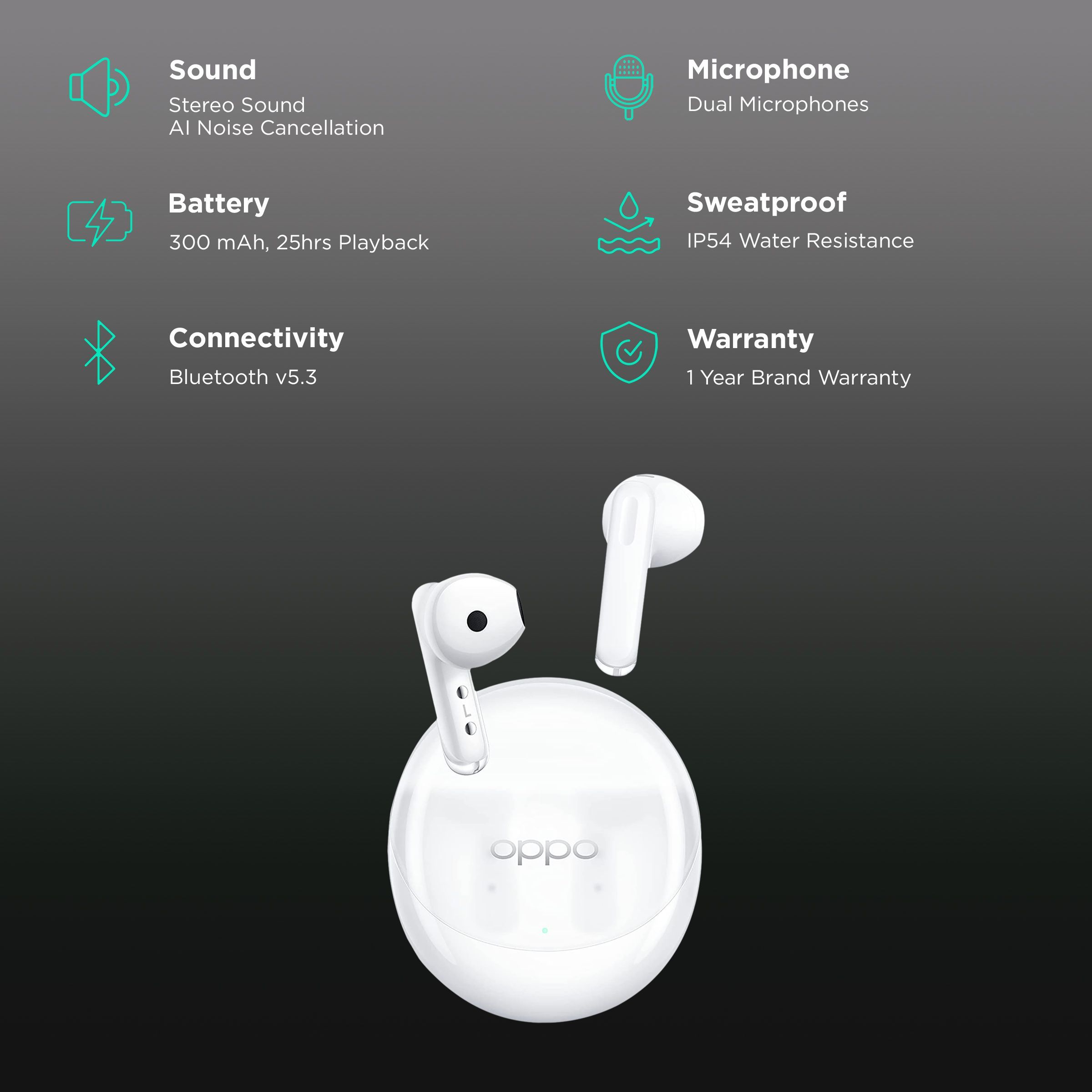 oppo Enco Air 3 ETE31 TWS Earbuds with AI Noise Cancellation (IP54 Water Resistant, Upto 25 Hours Playback, White)_2