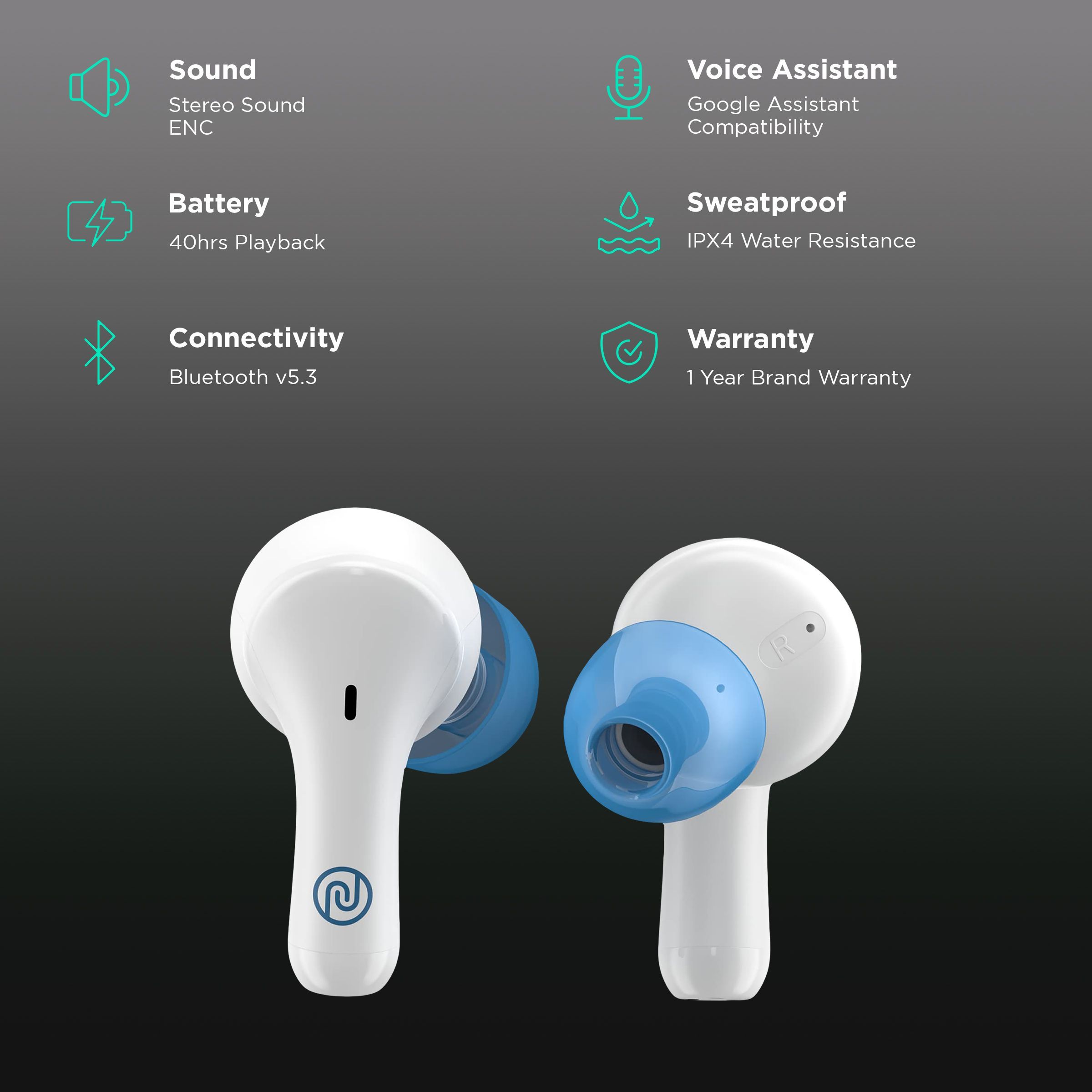 noise Buds VS204 TWS Earbuds with Environmental Noise Cancellation (IPX4 Water Resistant, Upto 50 Hours Playtime, Snow White)_2