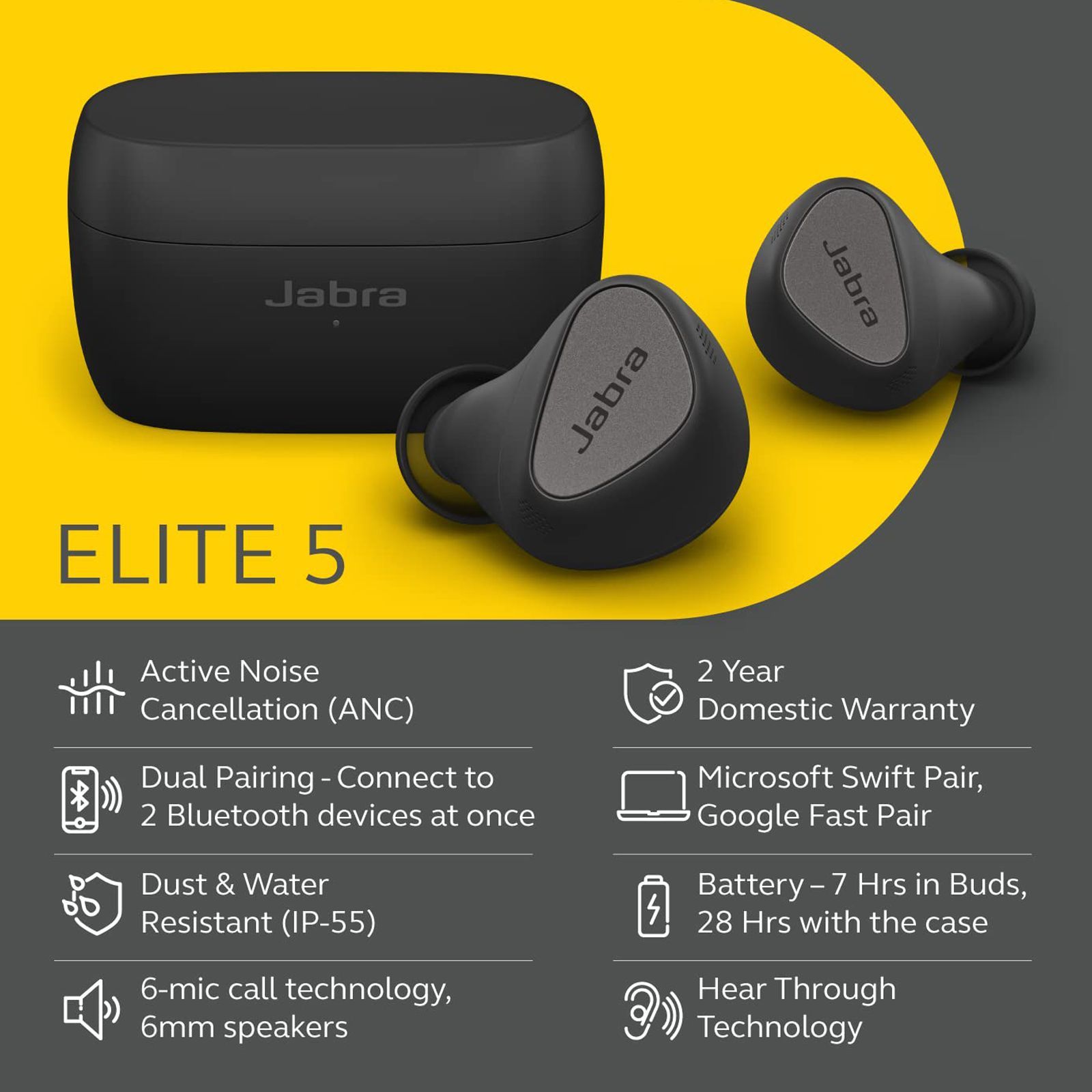 Jabra Elite 5 TWS Earbuds with Active Noise Cancellation (IP55 Water Resistant, Fast Charging Capability, Titanium Black)_9