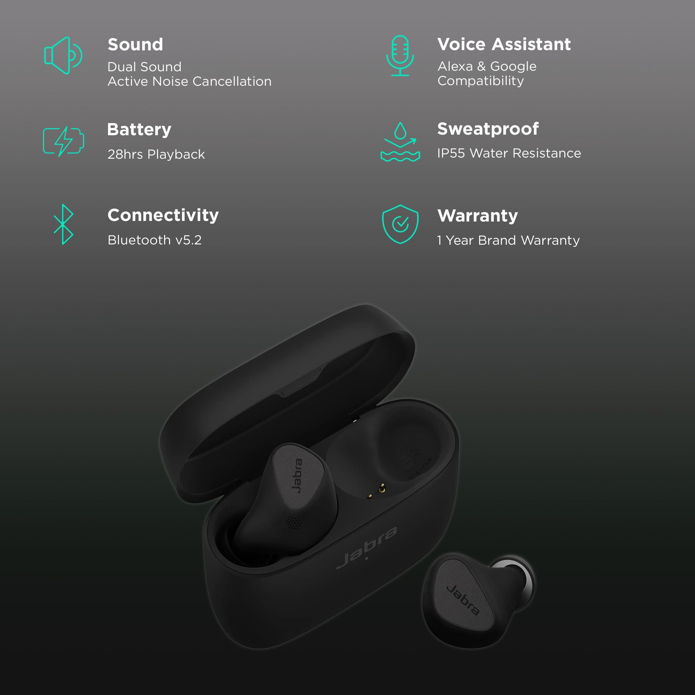 Jabra Elite 5 TWS Earbuds with Active Noise Cancellation (IP55 Water Resistant, Fast Charging Capability, Titanium Black)_2