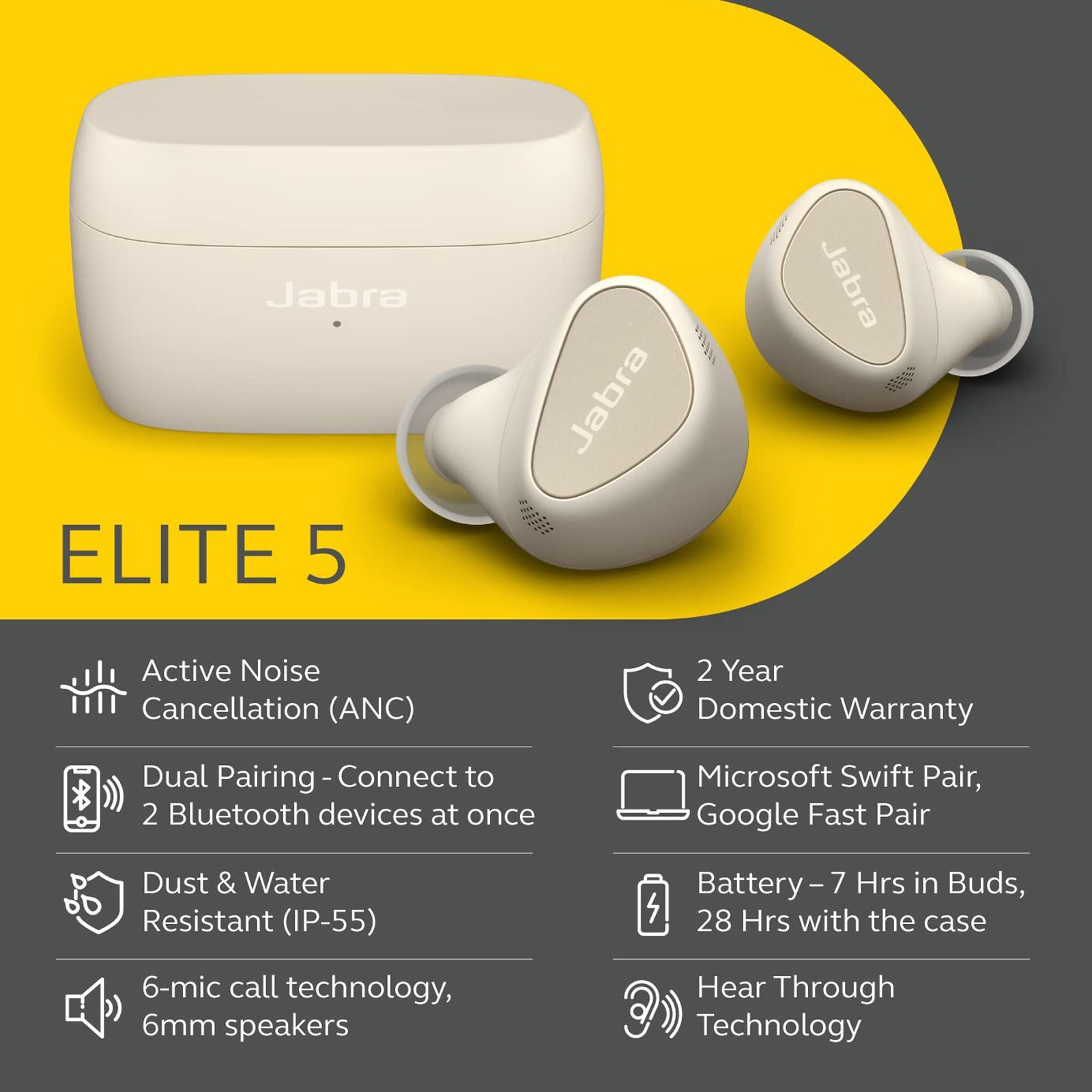 Jabra Elite 5 TWS Earbuds With Active Noise Cancellation (IP55 Water Resistant, Fast Charging Capability, Gold and Beige)_8