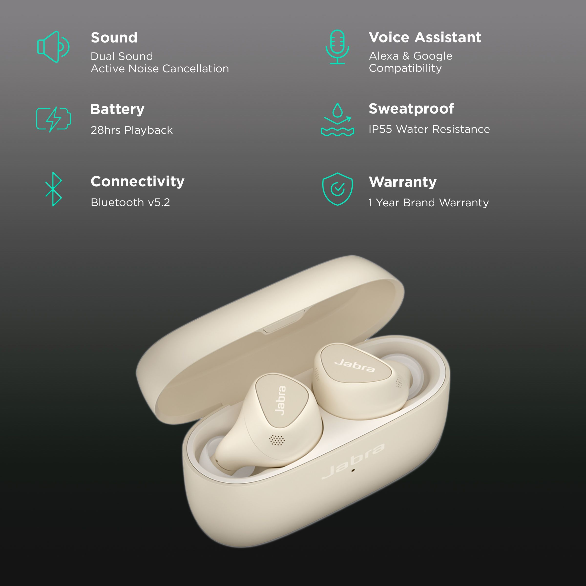 Jabra Elite 5 TWS Earbuds With Active Noise Cancellation (IP55 Water Resistant, Fast Charging Capability, Gold and Beige)_2