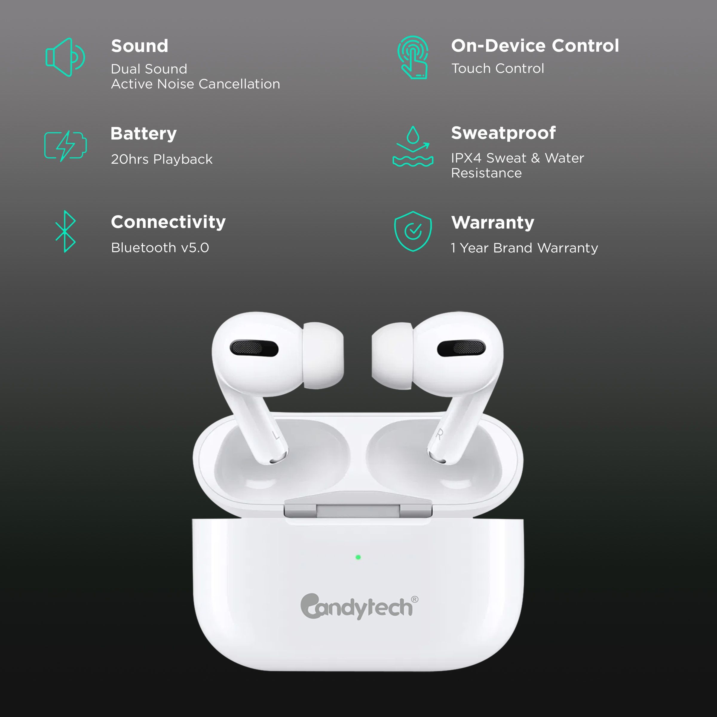 Candytech Air Candy Pro TWS Earbuds with Active Noise Cancellation (White)_2