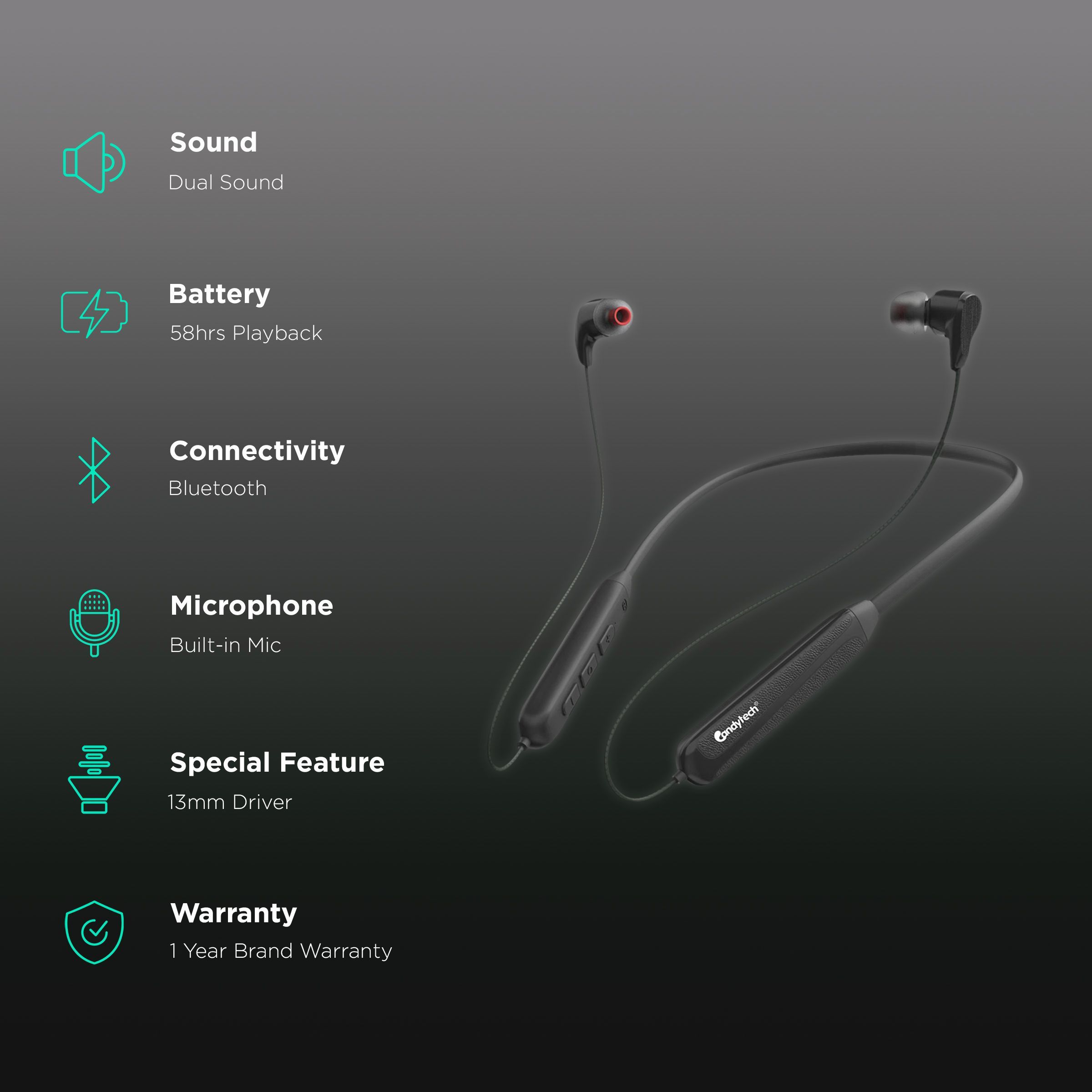 Candytech Uber Neckband (Sweat Proof, Magnetic Smartbuds, Black)_2