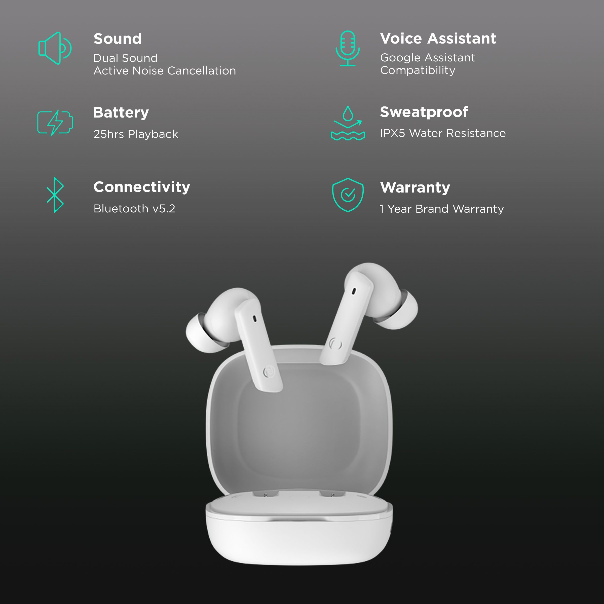 noise Air Buds Pro 2 TWS Earbuds with Active Noise Cancellation (IPX5 Water Resistant, Upto 25 Hours Playback, Snow White)_2
