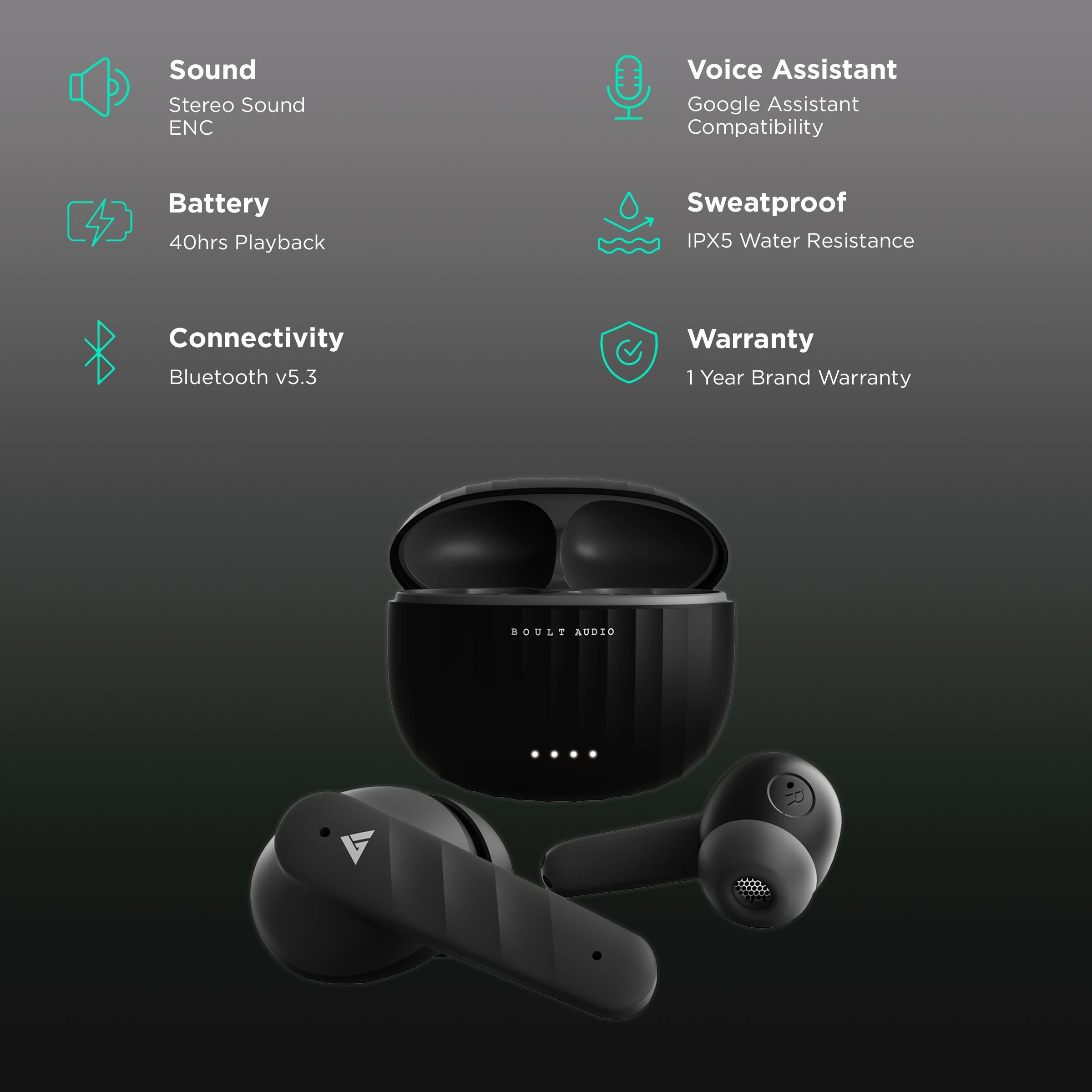 GOBOULT Airbass X45 TWS Earbuds with Environmental Noise Cancellation (IPX5 Water Resistant, 40 Hours Playtime, Black)_2