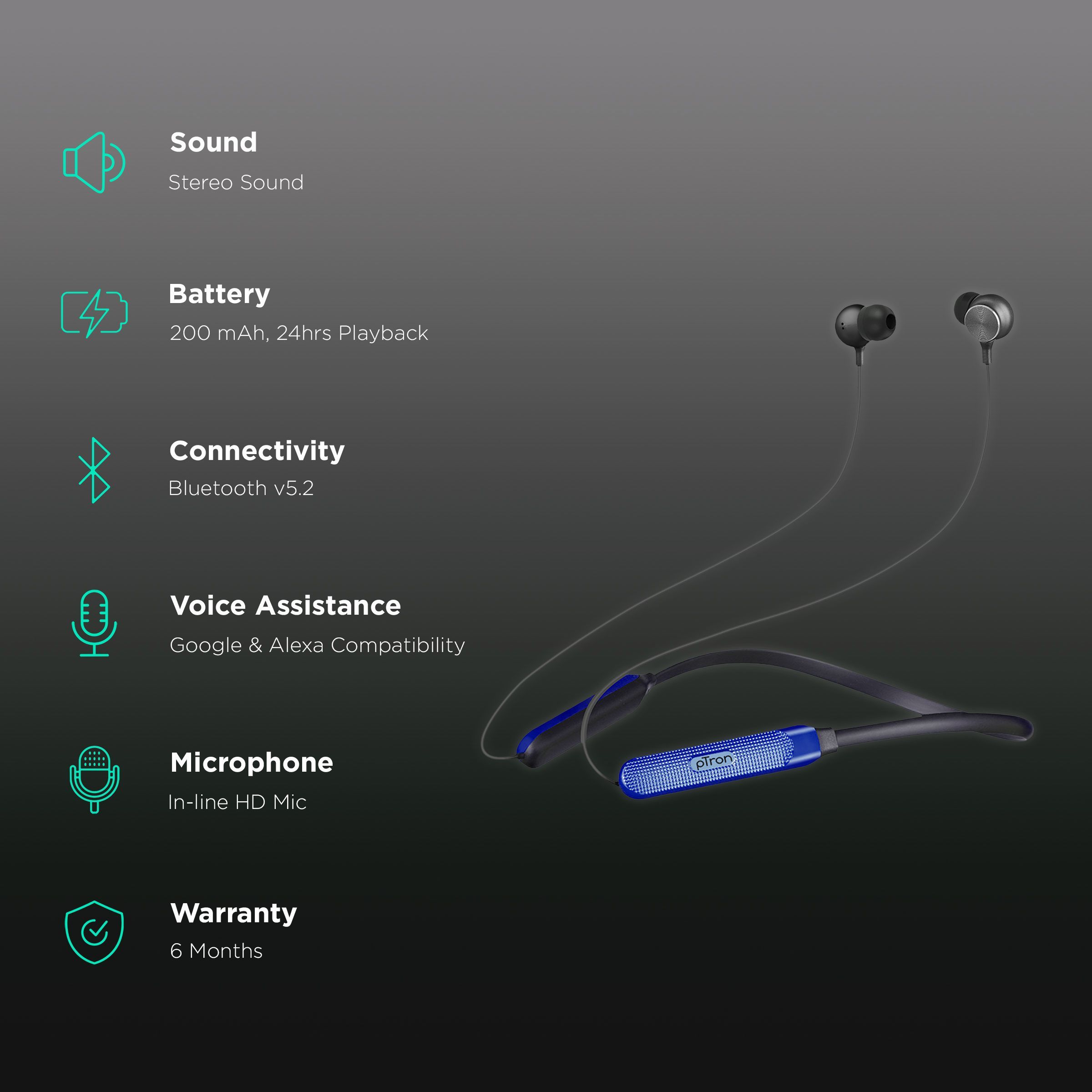 pTron InTunes Classic Neckband with Passive Noise Cancellation (IPX4 Water Resistant, 13mm Drivers, Black|Blue)_2