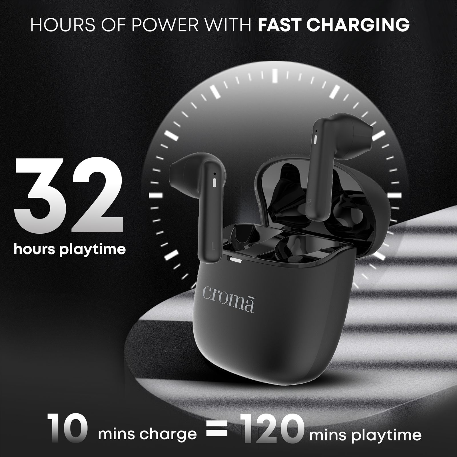 Croma TWS Earbuds (Sweat & Water Resistant, Upto 32 Hours Playback, Black) Croma TWS Earbuds (Sweat & Water Resistant, Upto 32 Hours Playback, Black)_9