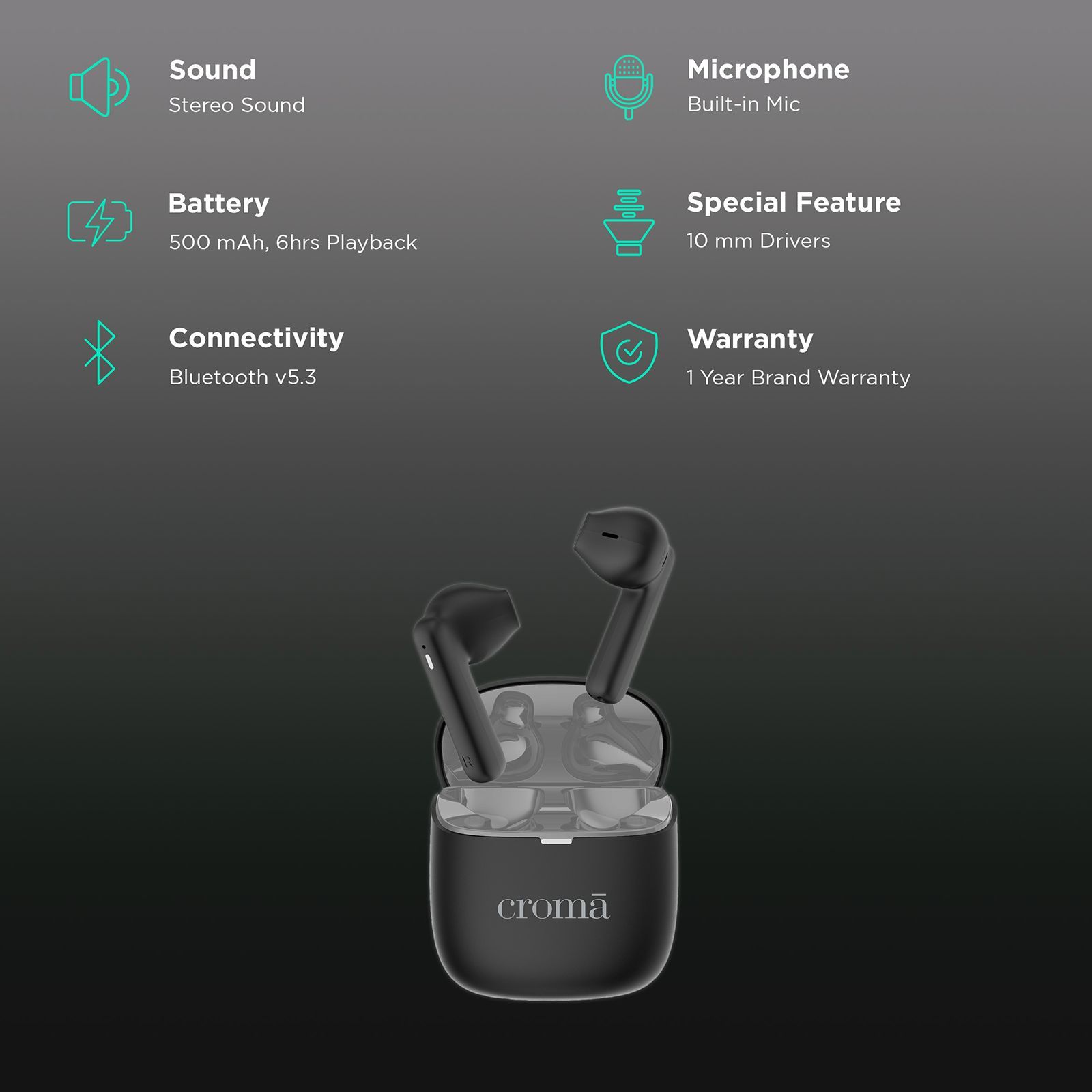 Croma TWS Earbuds (Fast Charging, Black and Grey)_2