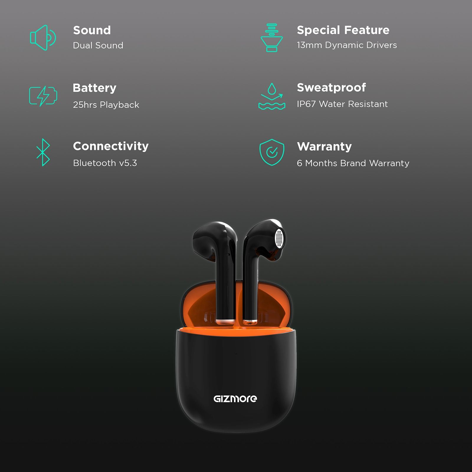 Gizmore 801 Air TWS Earbuds with Environmental Noise Cancellation (IPX5 Water Resistant, 25 Hours Playback, Black)_2