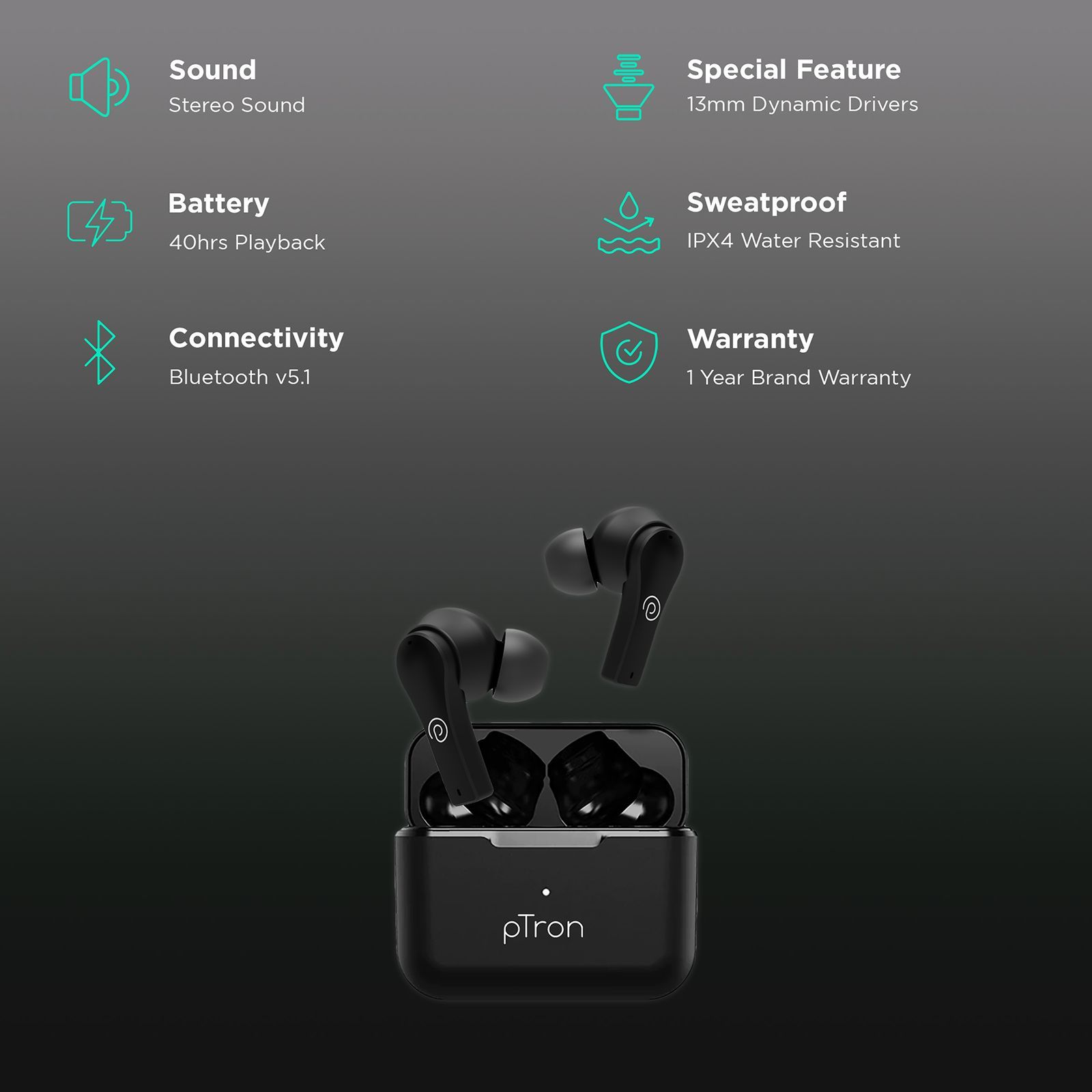 pTron Basspods Buds Plus TWS Earbuds with Environmental Noise Cancellation (IPX4 Water Resistant, 13mm Dynamic Drivers, Black) pTron Basspods Buds Plus TWS Earbuds with Environmental Noise Cancellation (IPX4 Water Resistant, 13mm Dynamic Drivers, Black)_2