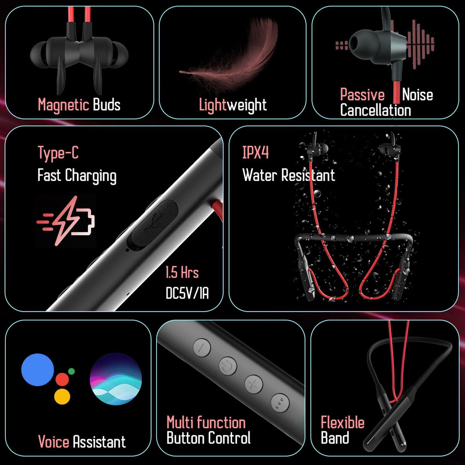 pTron InTunes Ultra Neckband with Environmental Noise Cancellation (IPX4 Water Resistant, Fast Charging, Black and Red)_6