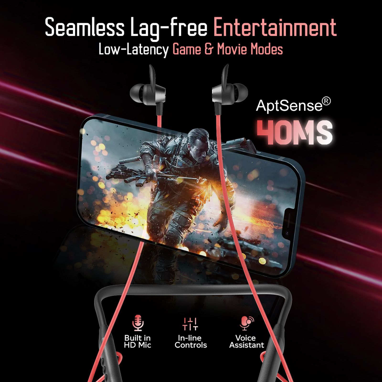 pTron InTunes Ultra Neckband with Environmental Noise Cancellation (IPX4 Water Resistant, Fast Charging, Black and Red)_3