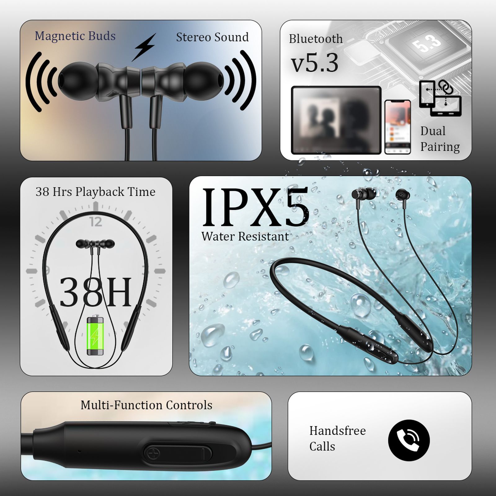 pTron InTunes Ace Neckband with Passive Noise Cancellation (IPX5 Water Resistant, Fast Charging, Black)_2