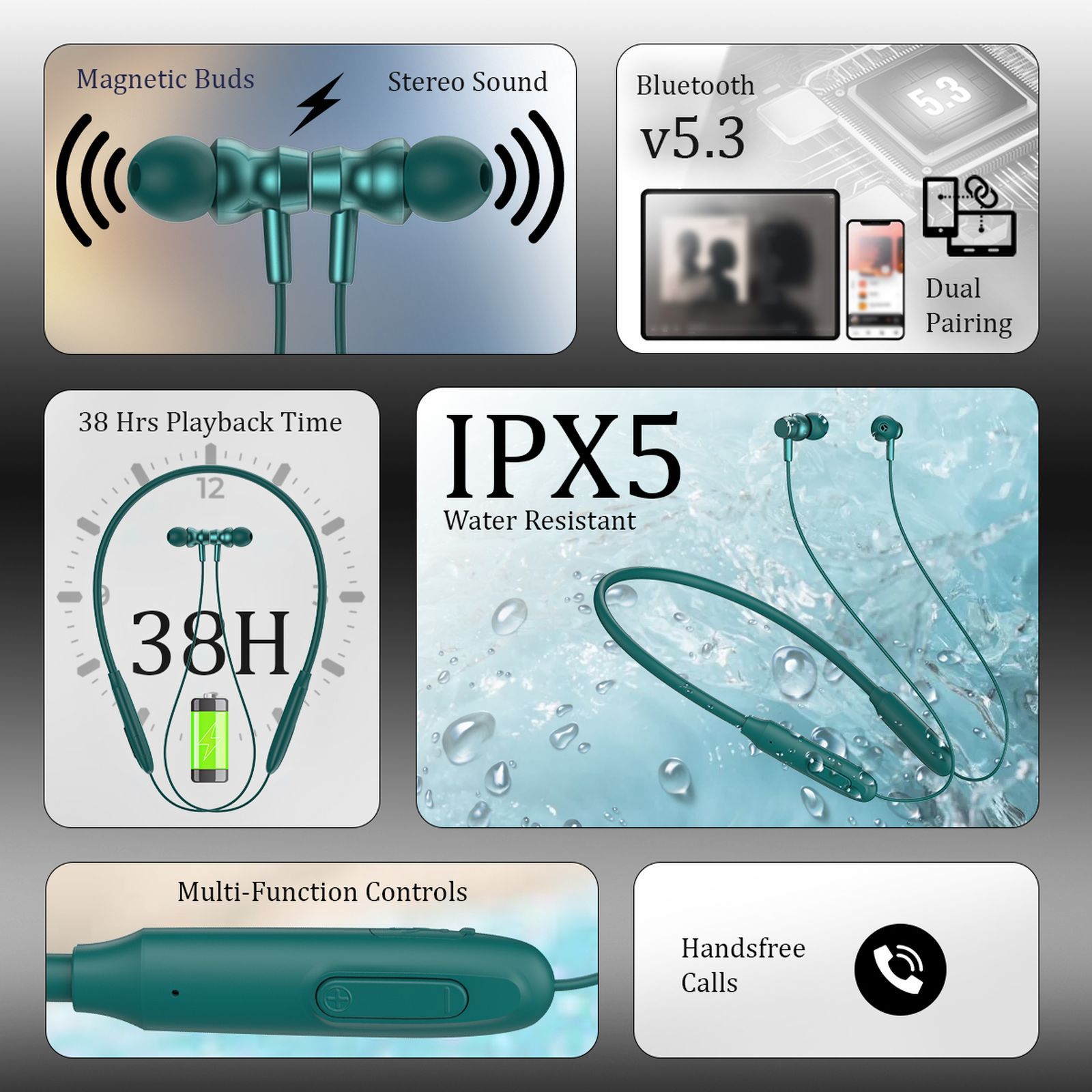 pTron InTunes Ace Neckband with Passive Noise Cancellation (IPX5 Water Resistant, Fast Charging, Green)_2