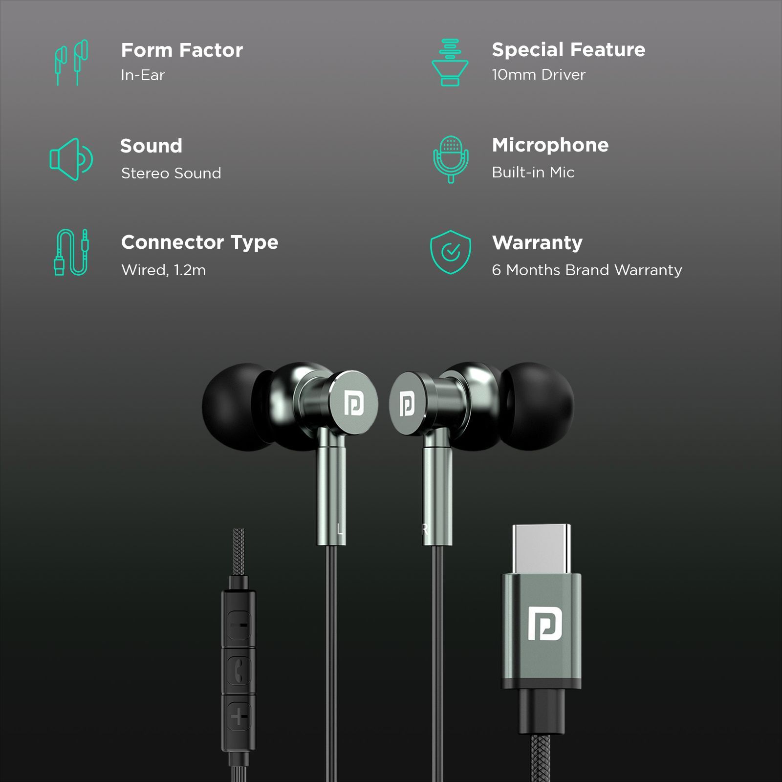PORTRONICS Conch Tune C POR 2003 Wired Earphone with Mic (USB Type C Connector, In Ear, Grey)_2