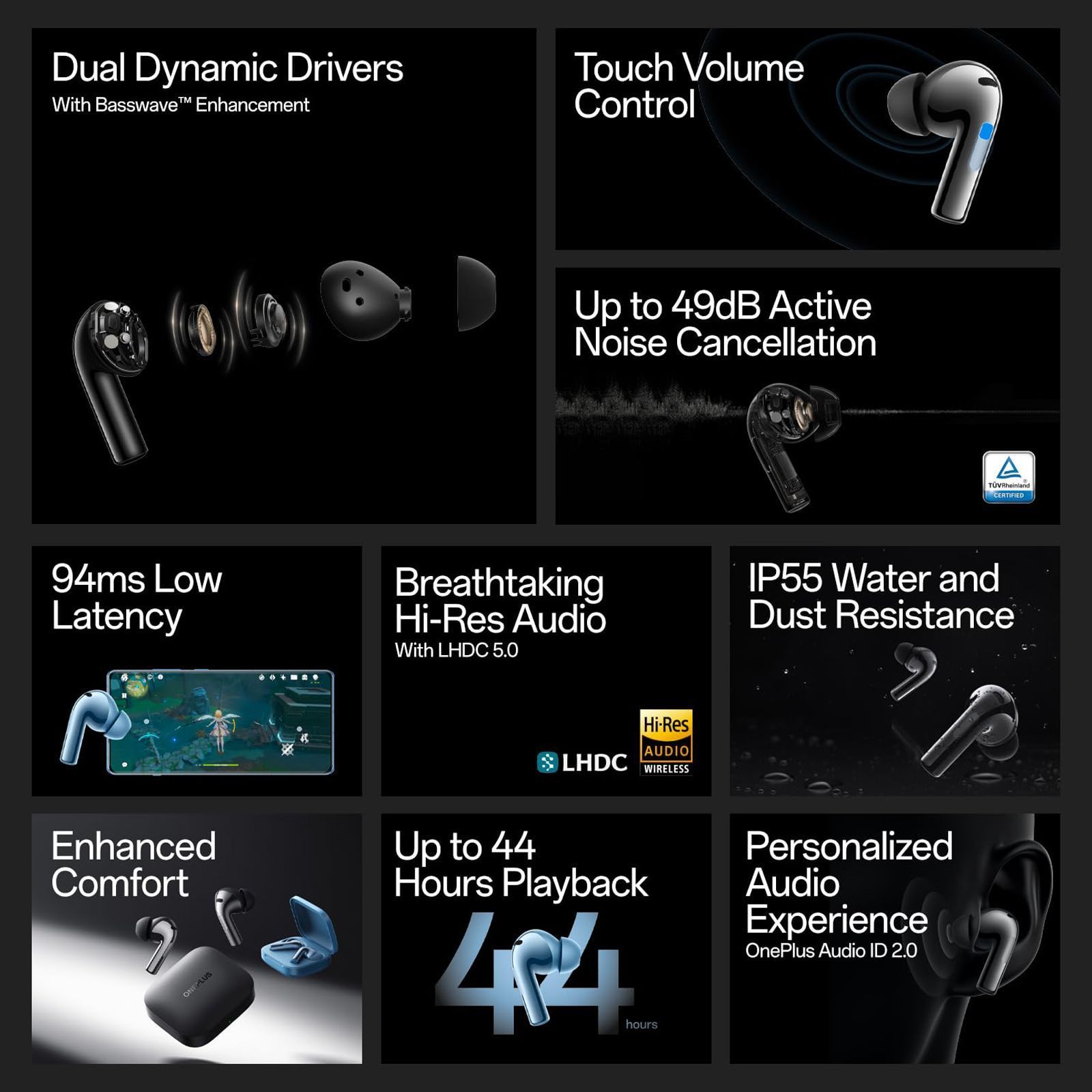 OnePlus Buds 3 TWS Earbuds with Adaptive Noise Cancellation (IP55 Water & Dust Resistant, Fast Charging, Metallic Gray)_8