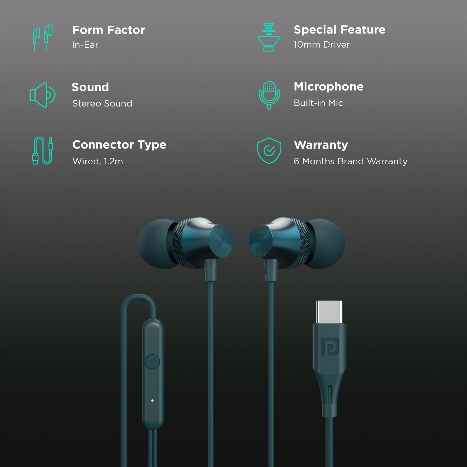 PORTRONICS Conch Beat C POR 2288 Wired Earphone with Mic (USB Type C Connector, In Ear, Blue)_2