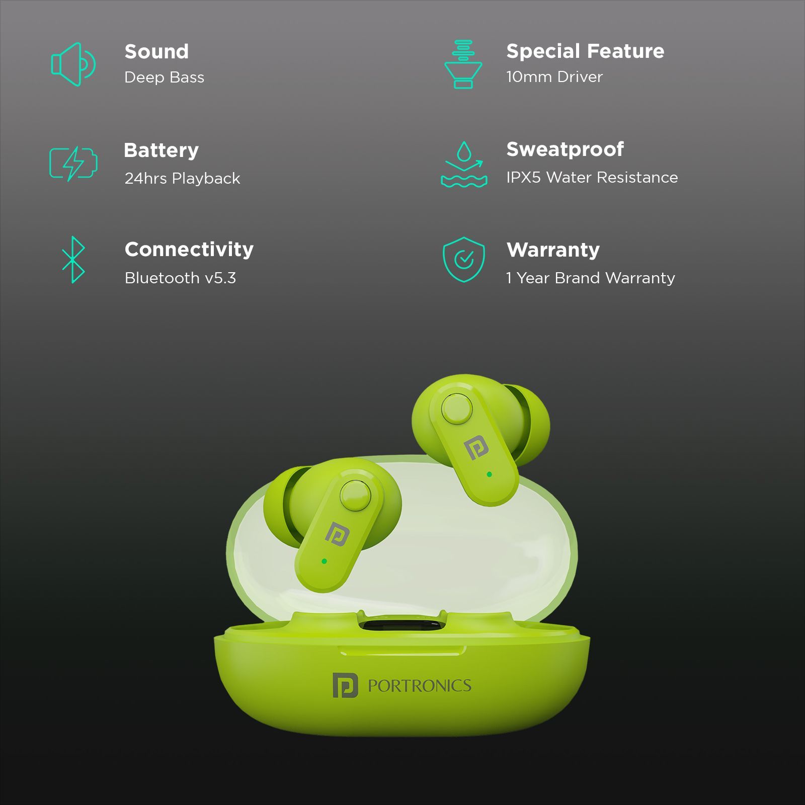 PORTRONICS Harmonics Twins S16 POR2229 TWS Earbuds (IPX5 Water & Sweat Resistant, Deep Bass Technology, Green)_2