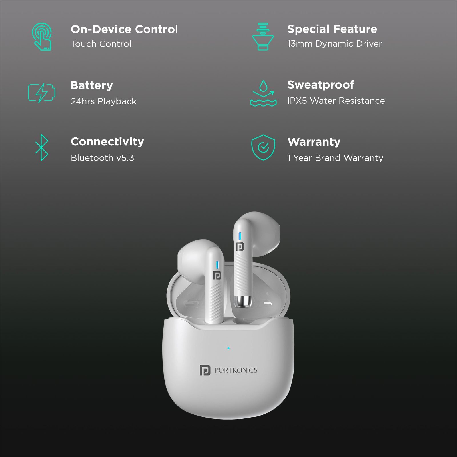 PORTRONICS Harmonics Twins S12 POR2390 TWS Earbuds (IPX5 Water & Sweat Resistant, Deep Bass Technology, White)_2