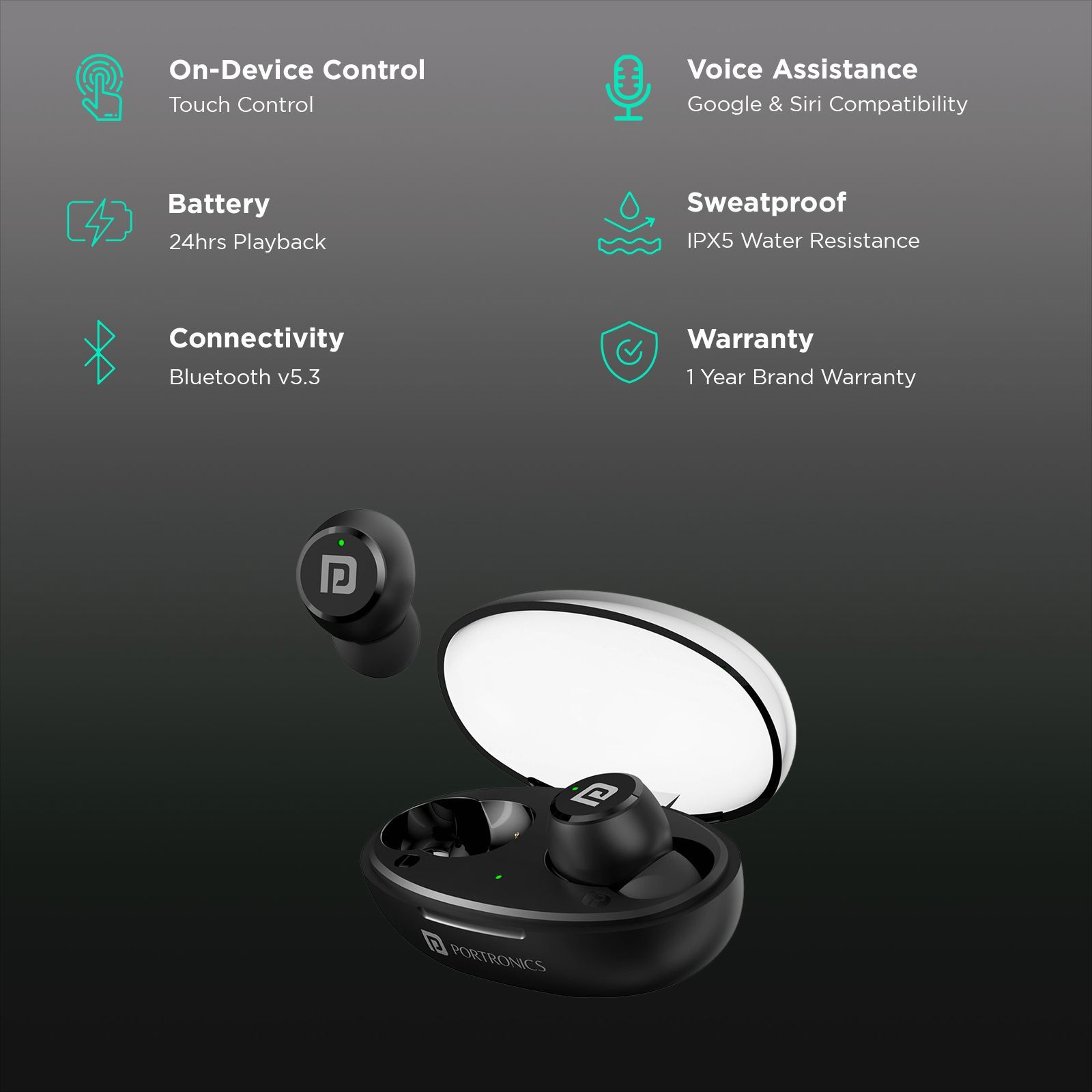 PORTRONICS Harmonics Twins S13 POR2225 TWS Earbuds (IPX5 Water & Sweat Resistant, Deep Bass Technology, Black)_2