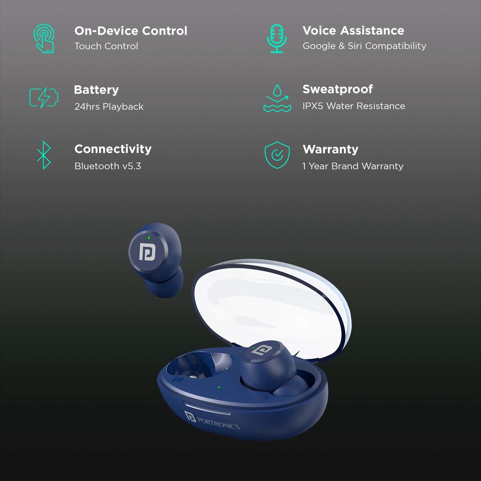 PORTRONICS Harmonics Twins S13 POR2226 TWS Earbuds (IPX5 Water & Sweat Resistant, Deep Bass Technology, Blue)_2