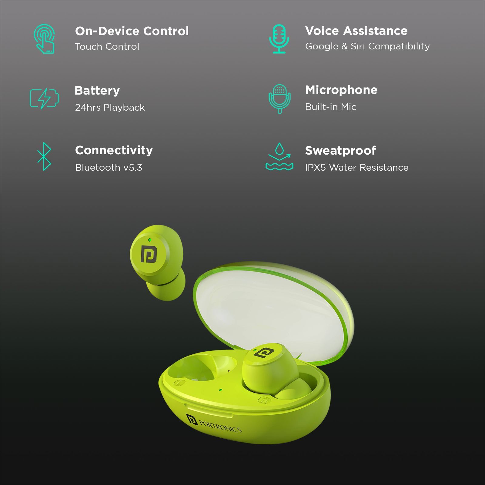 PORTRONICS Harmonics Twins S13 POR2227 TWS Earbuds (IPX5 Water & Sweat Resistant, Deep Bass Technology, Green)_2