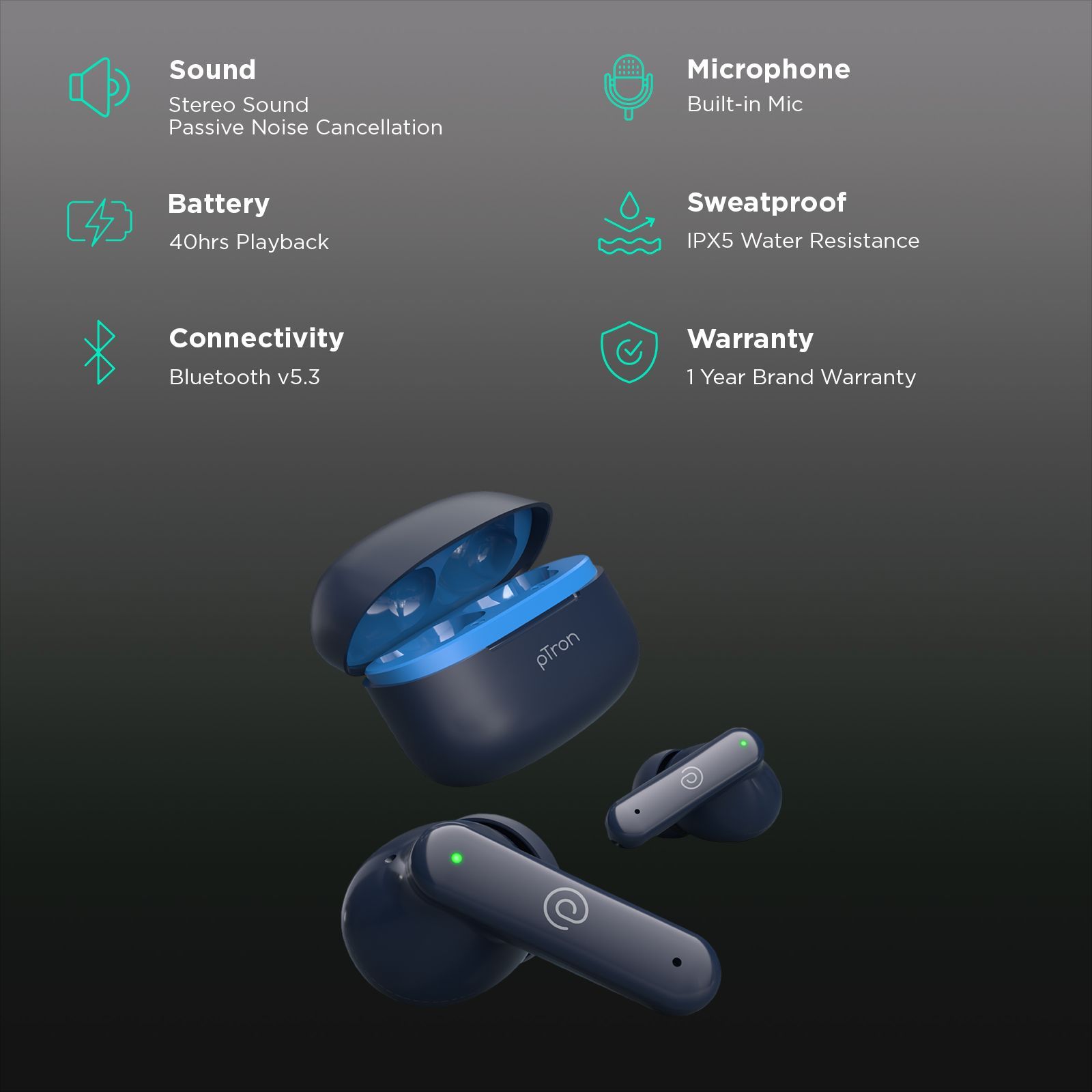 pTron Basspods Sync TWS Earbuds with Passive Noise Cancellation (IPX5 Water Resistant, Crystal Clear Stereo Call, Blue)_2