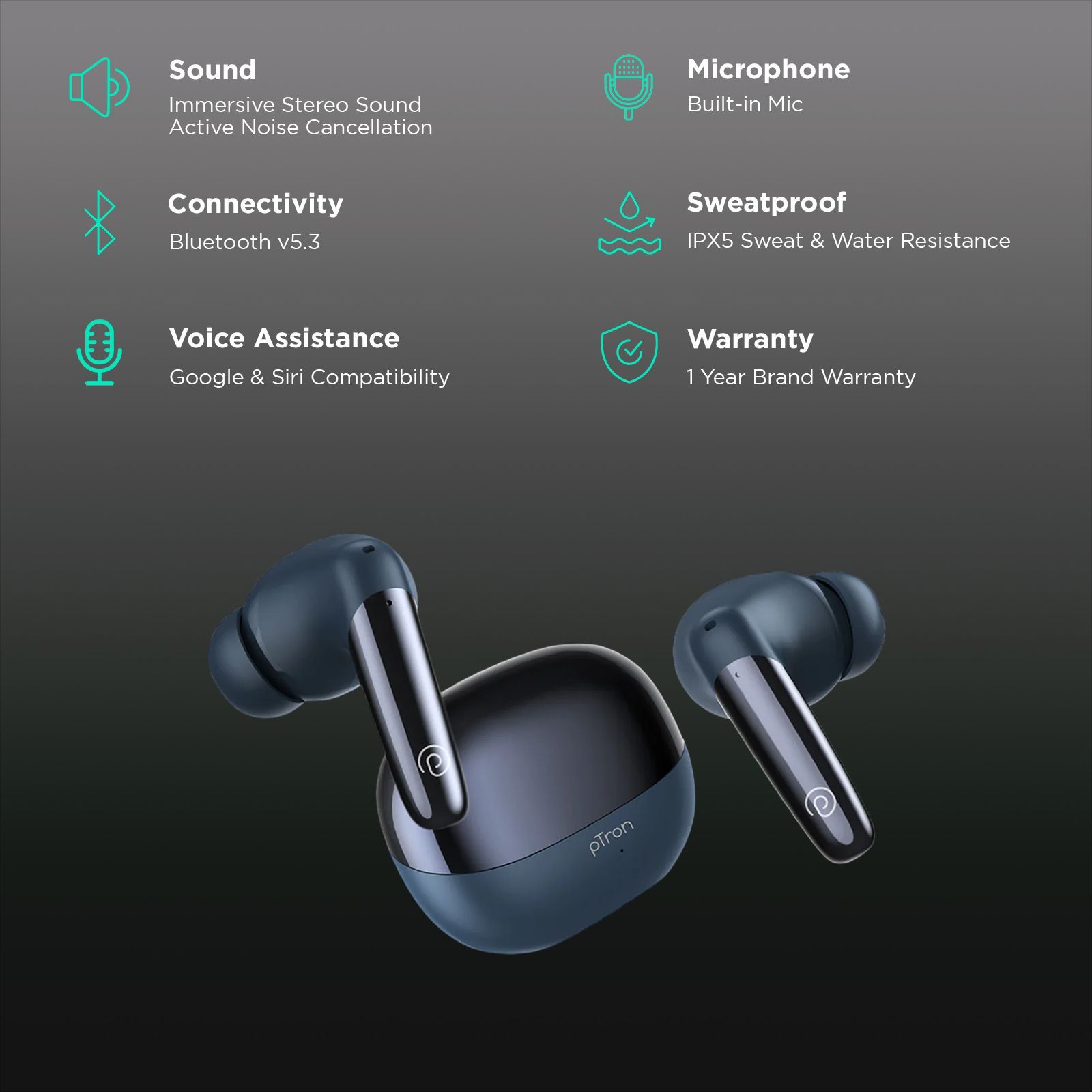 pTron Zenbuds Ultima TWS Earbuds with Active Noise Cancellation (IPX5 Water and Sweat Resistant, 4D Panaromic Audio, Blue)_2