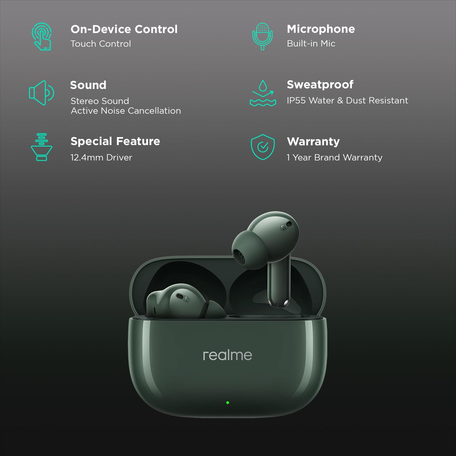 realme Buds T300 TWS Earbuds with Active Noise Cancellation (IP55 Dust & Water Resistant, 360 Degree Spatial Audio Effect, Dome Green)_2