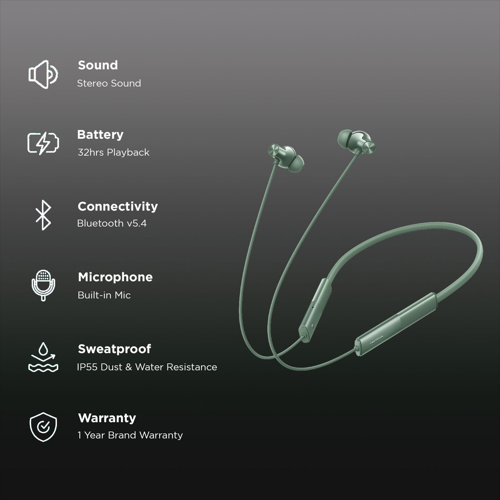 realme Buds Wireless 3 Neo RMA2305 Neckband with Environmental Noise Cancellation (IP55 Water & Dust Resistant, 32 Hours Playtime, Green)_2