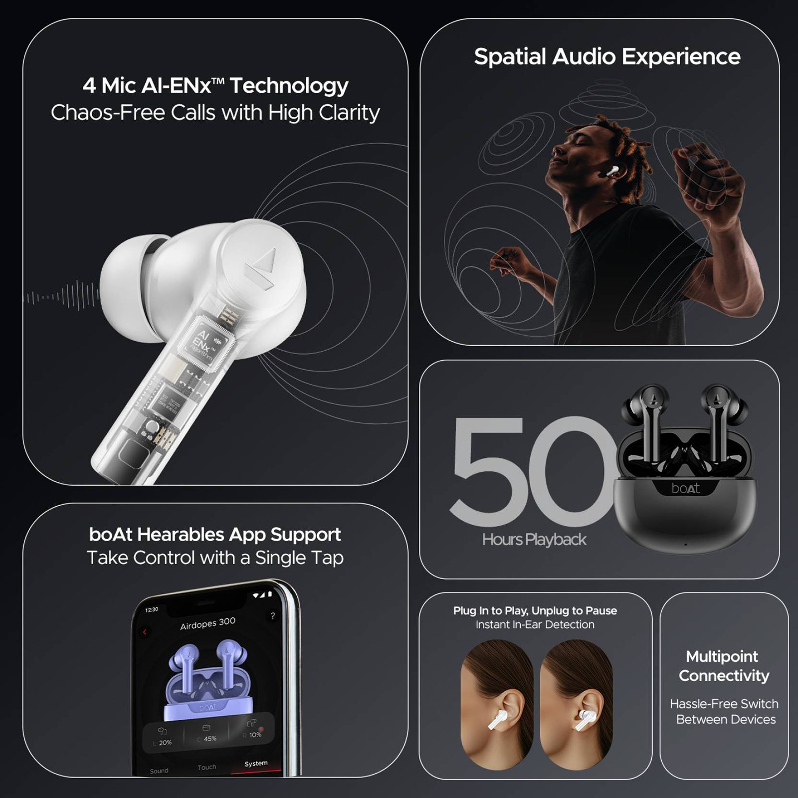 boAt Airdopes 300 TWS Earbuds with AI Environmental Noise Cancellation (IPX4 Water Proof, Splash & Sweat Resistance, 50 Hours Playback, Gunmetal Black) boAt Airdopes 300 TWS Earbuds with AI Environmental Noise Cancellation (IPX4 Water Proof, Splash & Sweat Resistance, 50 Hours Playback, Gunmetal Black)_12