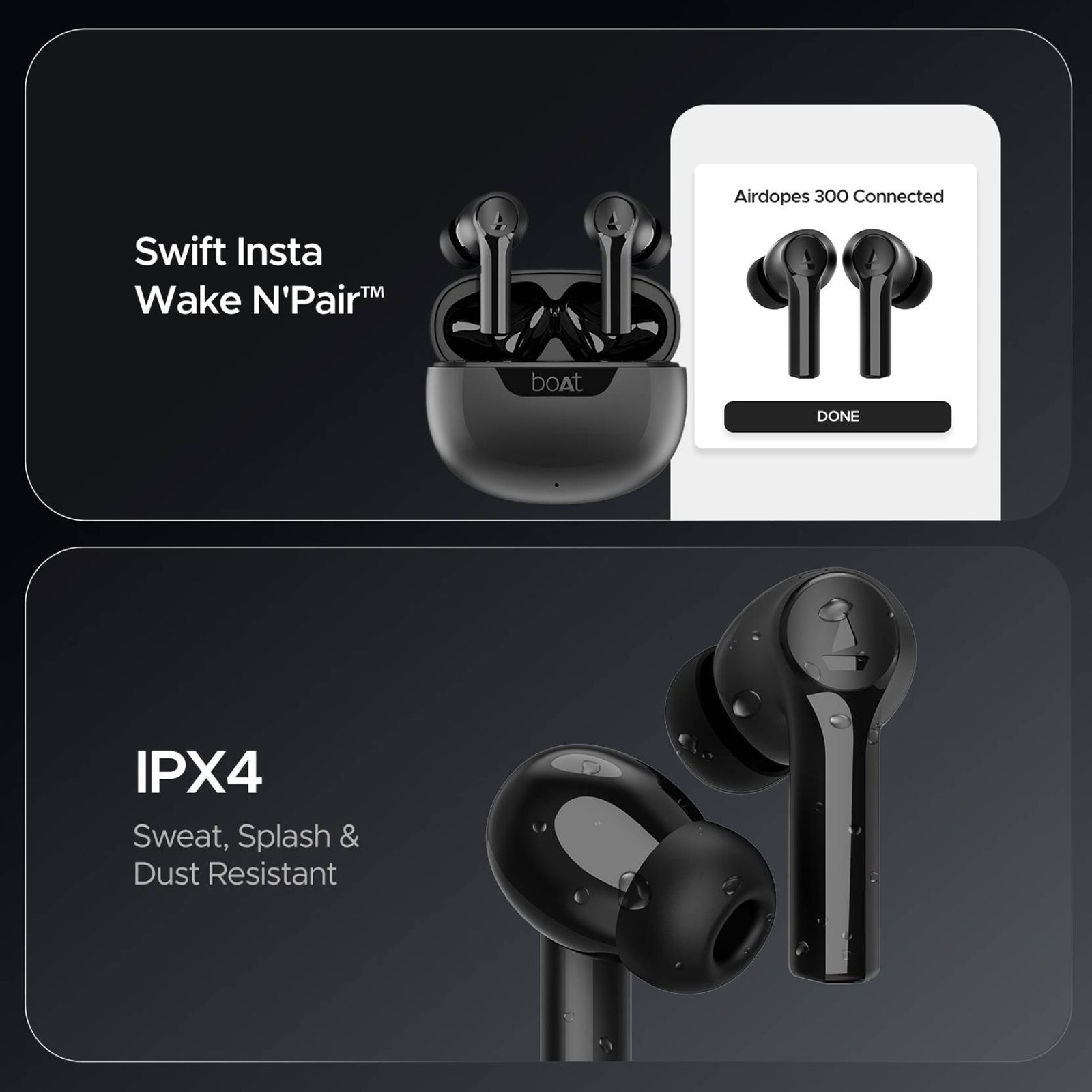 boAt Airdopes 300 TWS Earbuds with AI Environmental Noise Cancellation (IPX4 Water Proof, Splash & Sweat Resistance, 50 Hours Playback, Gunmetal Black) boAt Airdopes 300 TWS Earbuds with AI Environmental Noise Cancellation (IPX4 Water Proof, Splash & Sweat Resistance, 50 Hours Playback, Gunmetal Black)_14