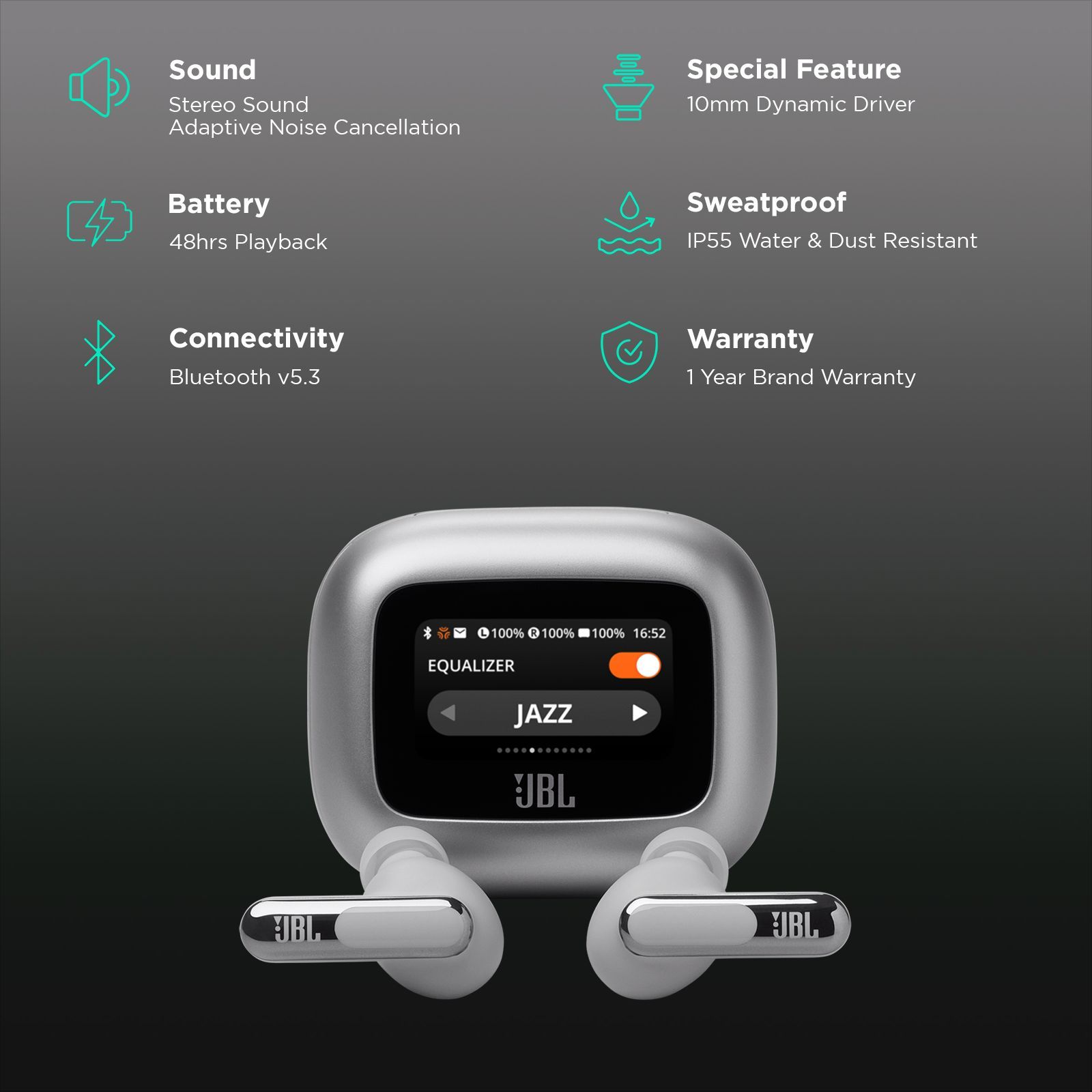 JBL Live Beam 3 TWS Earbuds with Adaptive Noise Cancellation (IP55 Waterproof & Dustproof, Touchscreen Display, Silver) JBL Live Beam 3 TWS Earbuds with Adaptive Noise Cancellation (IP55 Waterproof & Dustproof, Touchscreen Display, Silver)_2