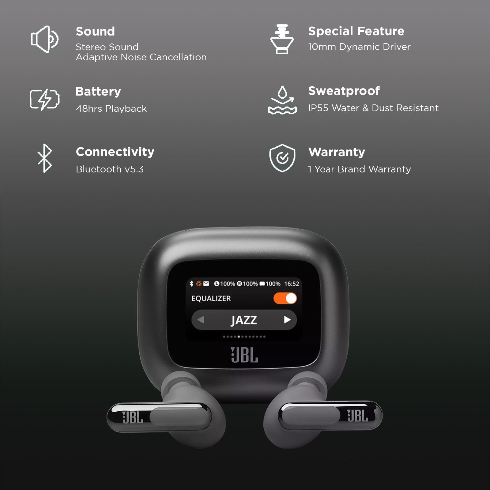 JBL Live Beam 3 TWS Earbuds with Adaptive Noise Cancellation (IP55 Waterproof & Dustproof, Touchscreen Display, Black)_2