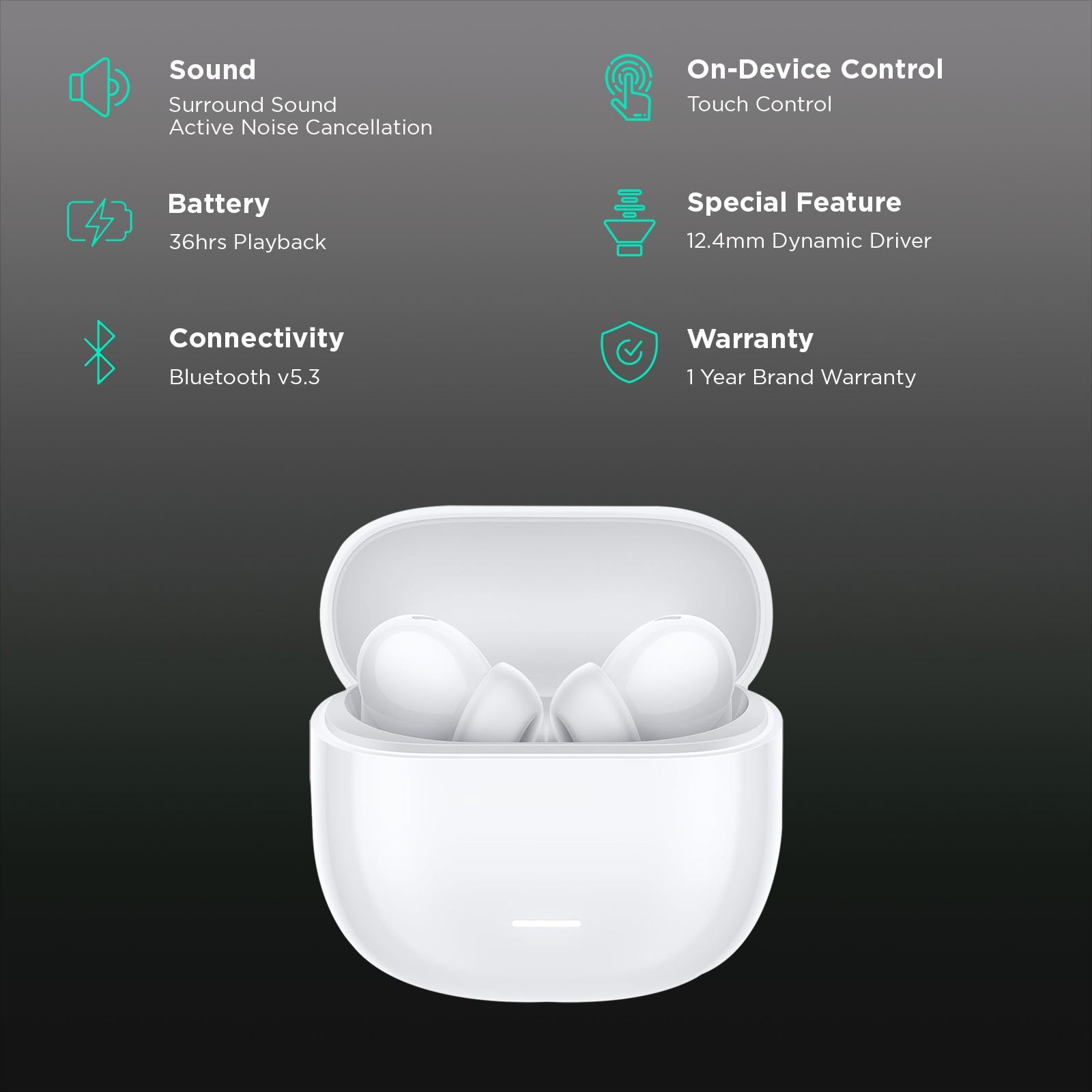 Redmi Buds 5C M2349E1 TWS Earbuds with Active Noise Cancellation (IP54 Water Resistant, 10 Mins Quick Charge, Bass White)_2