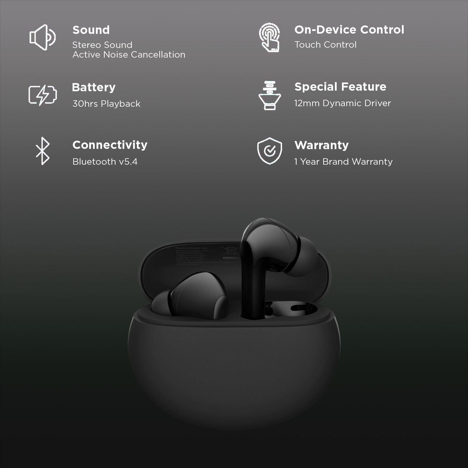 Redmi Buds 5A TWS Earbuds with Active Noise Cancellation (IPX4 Sweat Resistant, 10 Mins Quick Charge, Black)_2