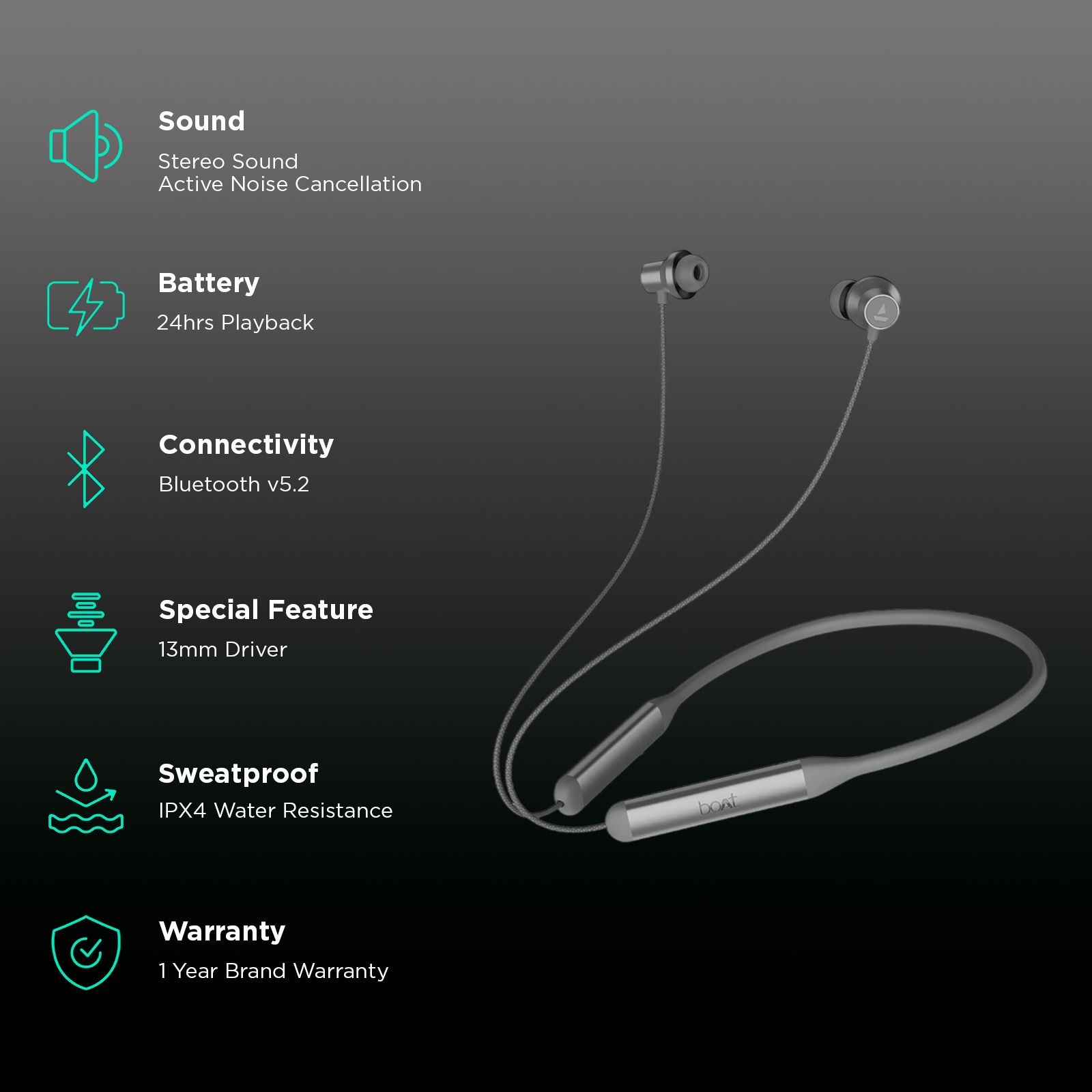 boAt Rockerz 280 ANC  Bluetooth Neckband with with Active Noise Cancellation (IPX4 Water Resistance, 13mm Drivers, Funky Grey)_2