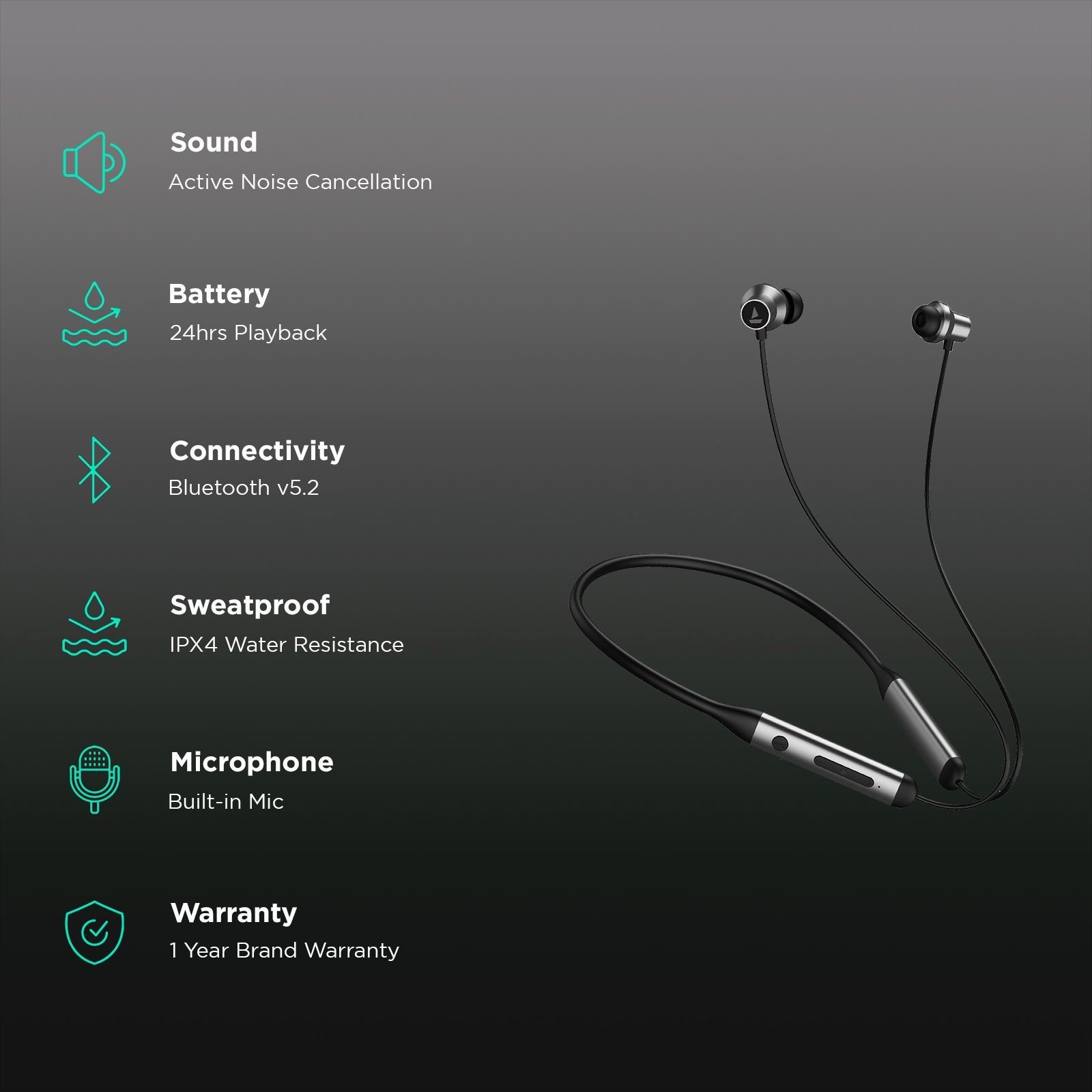 boAt Rockerz 280 ANC Bluetooth Neckband with Active Noise Cancellation (IPX4 Water Resistance, 13mm Drivers, Gunmetal Black)_2