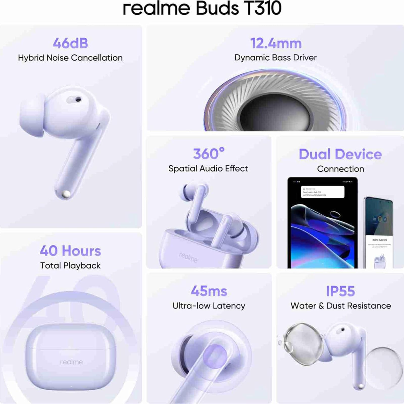 realme T310 TWS Earbuds with Hybrid Noise Cancellation (IP55 Water & Dust Resistance, 40 Hours Playback, Monet Purple) realme T310 TWS Earbuds with Hybrid Noise Cancellation (IP55 Water & Dust Resistance, 40 Hours Playback, Monet Purple)_4