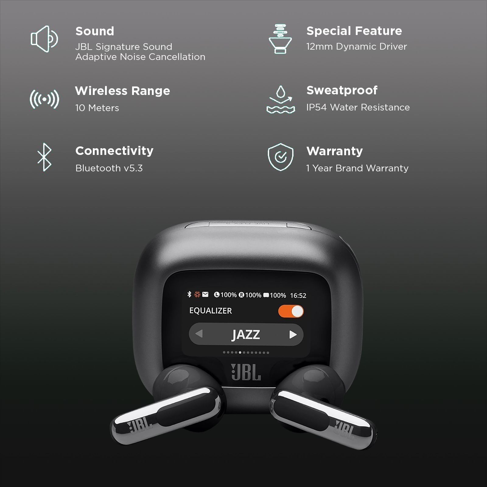 JBL Live Flex 3 TWS Earbuds with Adaptive Noise Cancellation (IP54 Water Resistant, Touchscreen Display, Black)_2