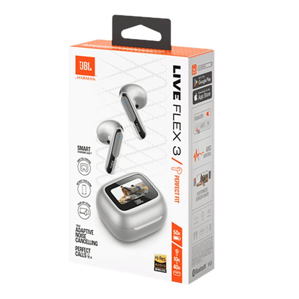 JBL Live Flex 3 TWS Earbuds with Adaptive Noise Cancellation (IP54 Water Resistant, Touchscreen Display, Silver) JBL Live Flex 3 TWS Earbuds with Adaptive Noise Cancellation (IP54 Water Resistant, Touchscreen Display, Silver)_13