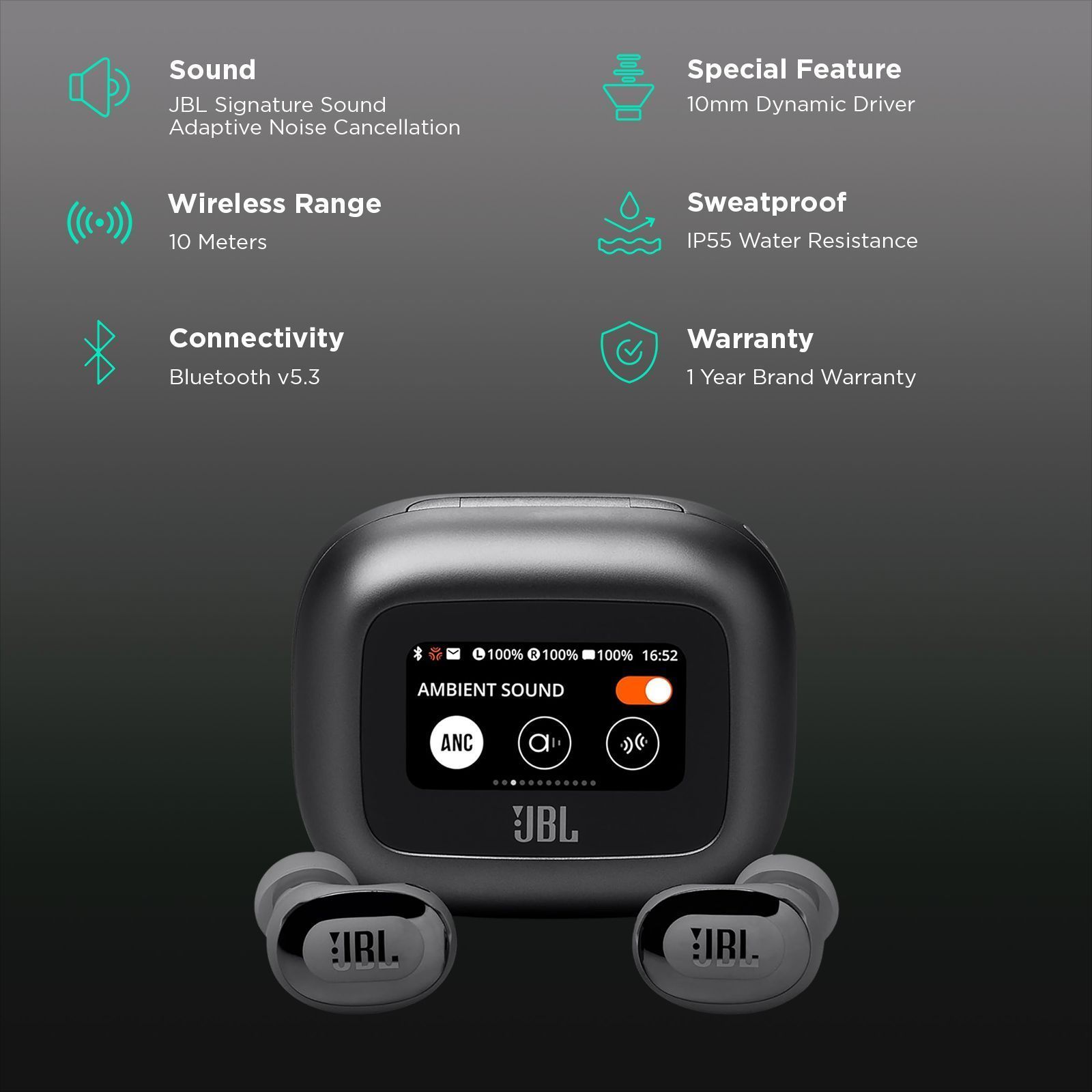 JBL Live Buds 3 TWS Earbuds with Adaptive Noise Cancellation (IP55 Water Resistant, Touchscreen Display, Black)_2