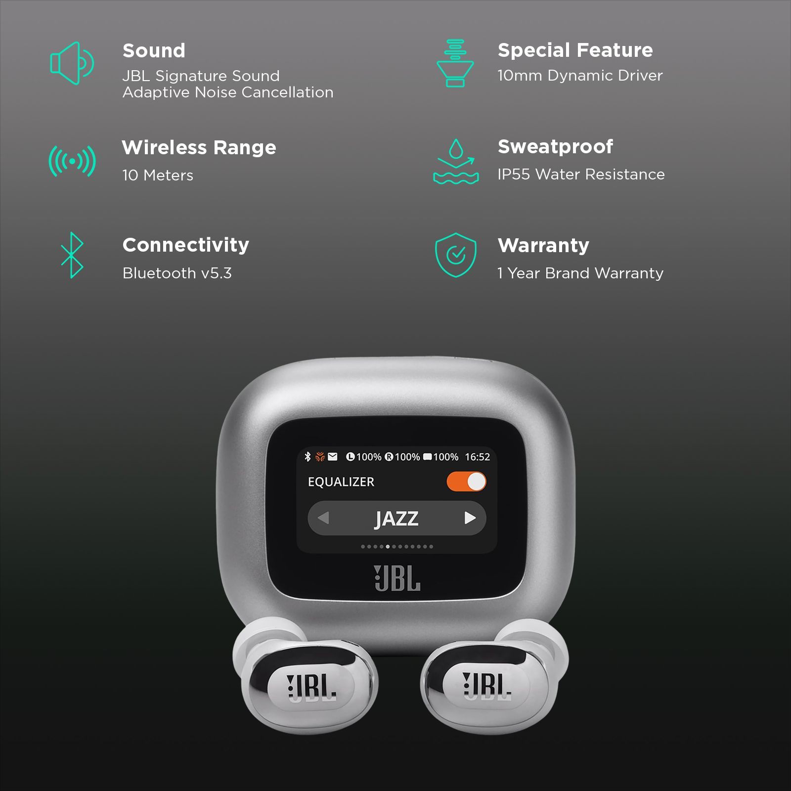 JBL Live Buds 3 TWS Earbuds with Adaptive Noise Cancellation (IP55 Water Resistant, Touchscreen Display, Silver) JBL Live Buds 3 TWS Earbuds with Adaptive Noise Cancellation (IP55 Water Resistant, Touchscreen Display, Silver)_2