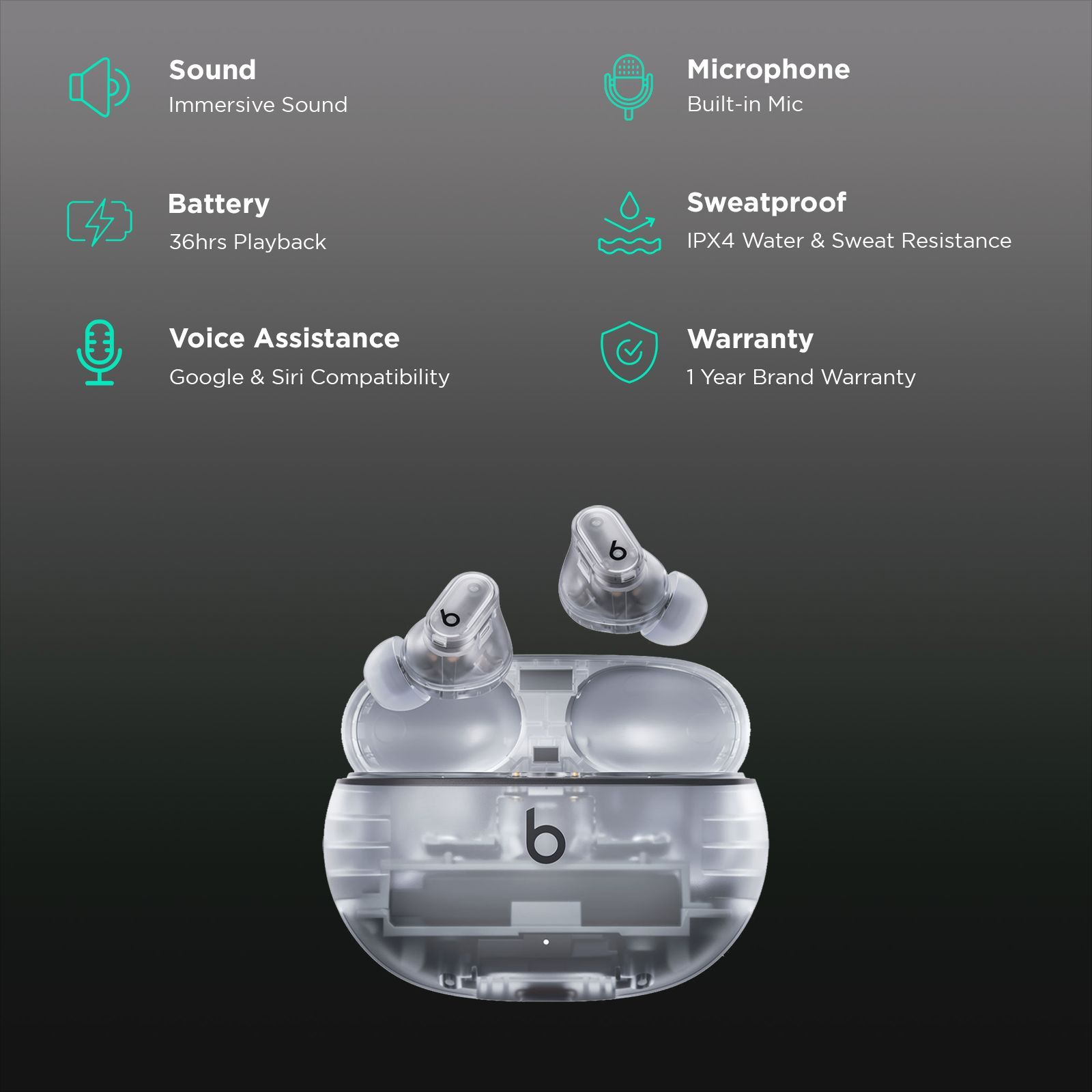 beats Studio Buds Plus TWS Earbuds with Active Noise Cancellation (IPX4 Water & Sweat Resistant, Siri Voice Assistant, Transparent)_2