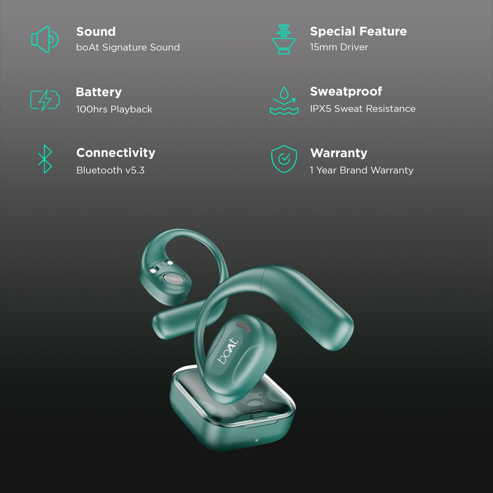 boAt Airdopes ProGear TWS Earbuds (IPX5 Sweat Resistant, Air Conduction Technology, Sporty Green) _2